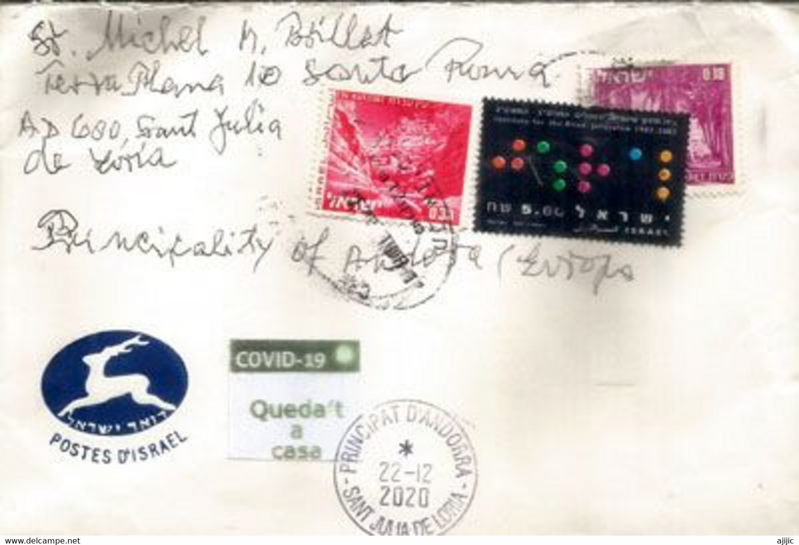 Lettre D'ISRAEL, Postée Pendant Lockdown Coronavirus, Arrivée ANDORRA, Avec Vignette Prevention COVID-19 - Covers & Documents