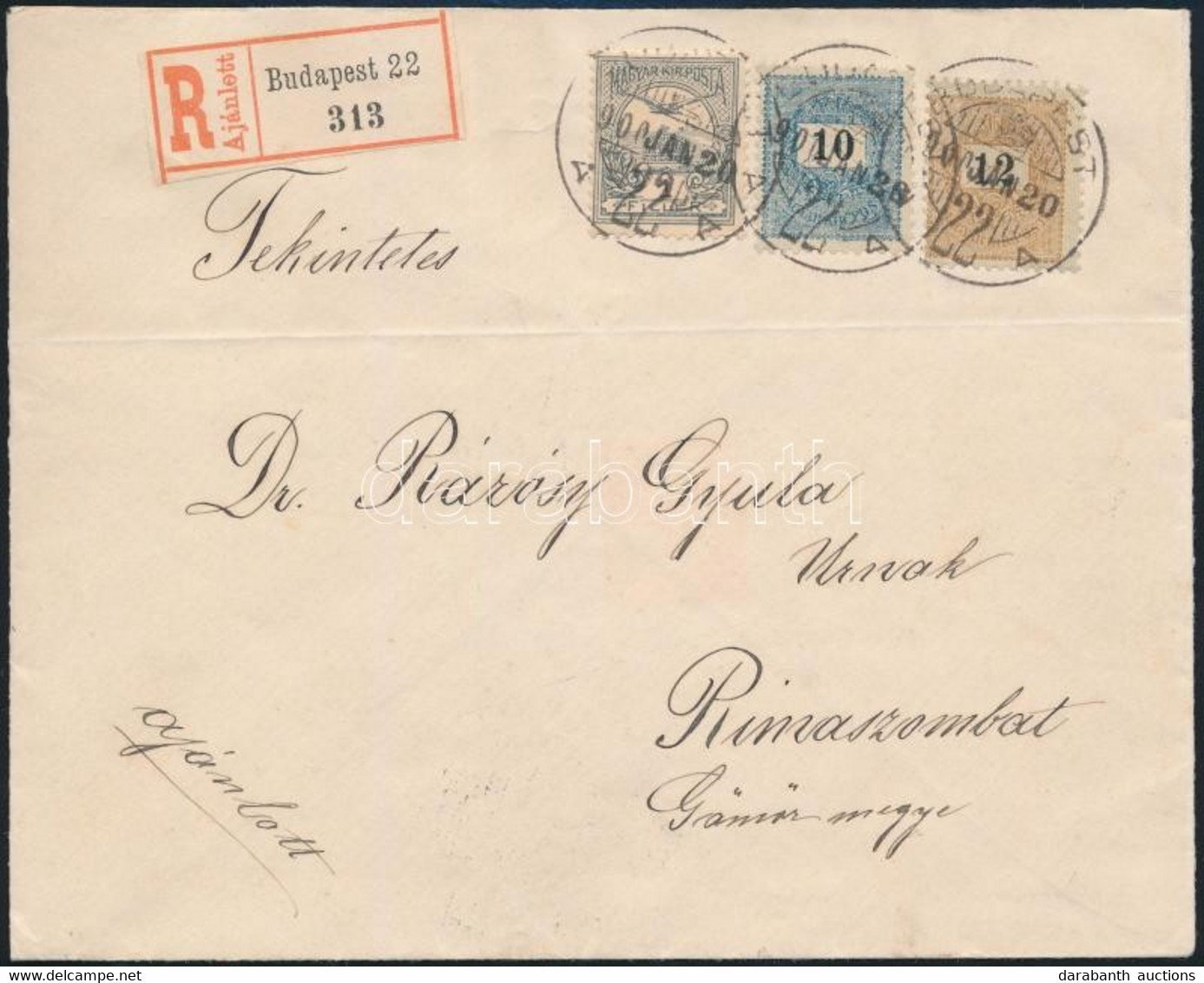 1900 Ajánlott Levél 10kr + 12kr + Turul 1f Vegyes Bérmentesítéssel "BUDAPEST" - "RIMASZOMBAT" - Other & Unclassified