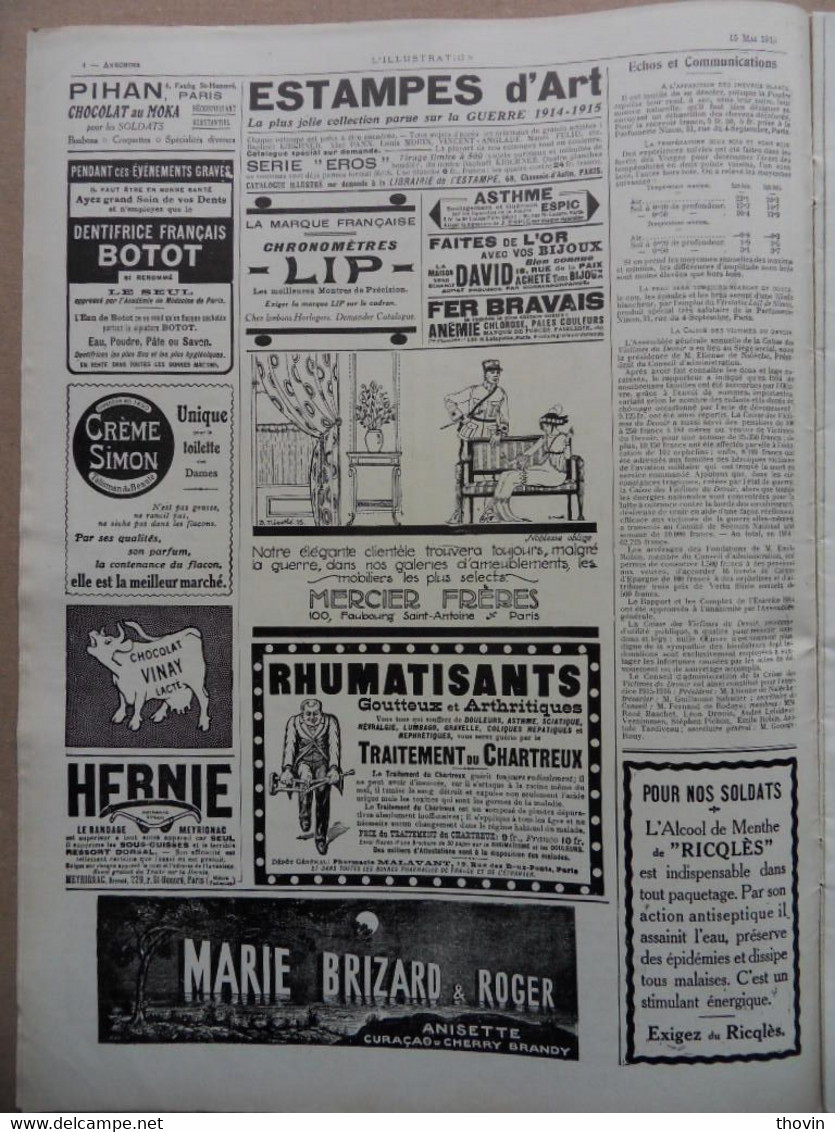 HEBDOMADAIRE L ILLUSTRATION N°3767 DU 15 MAI 1915-NOMBREUSES PUBLICITES