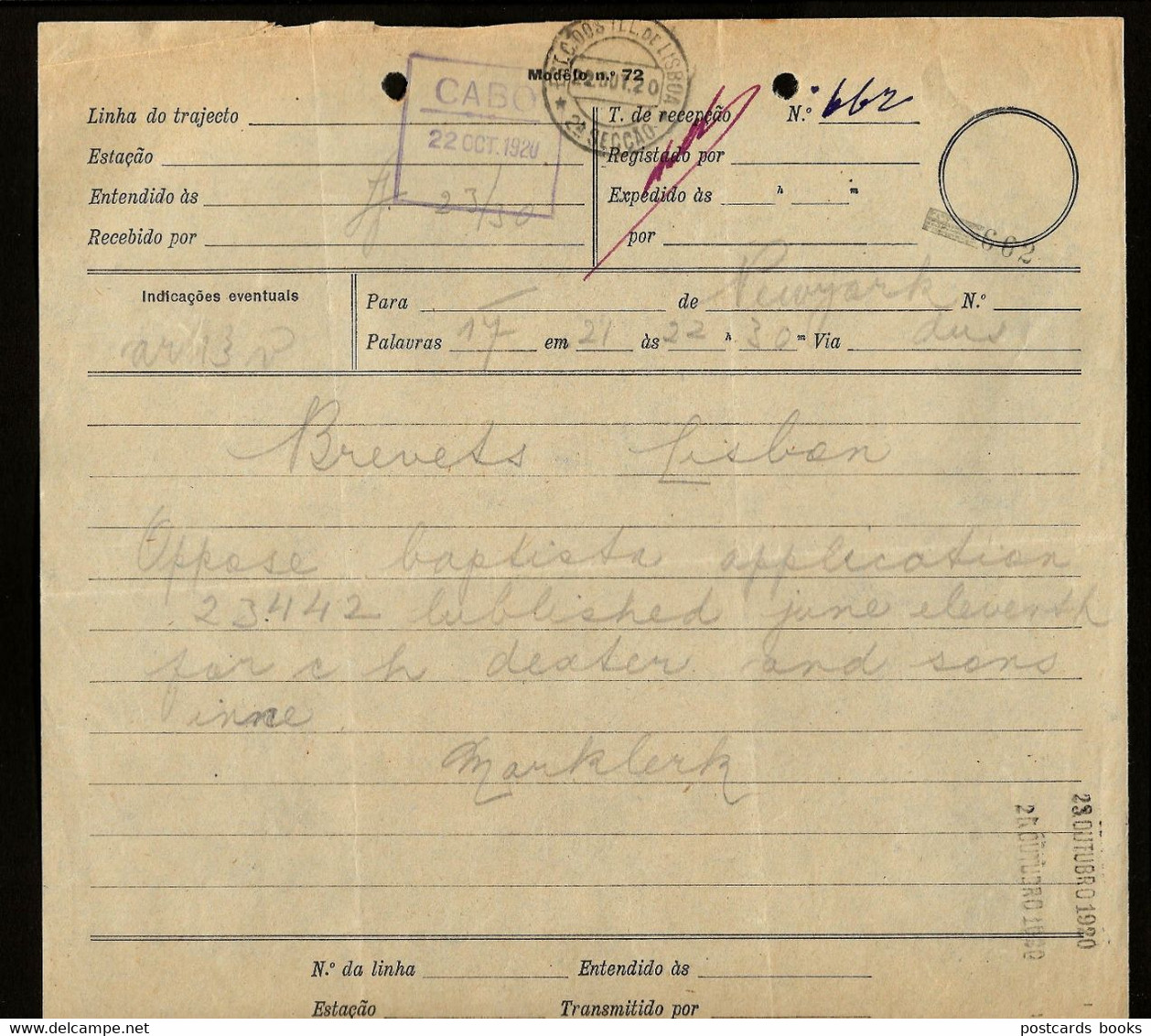 1920 Telegrama / Telegraphe / Telegramme . Carimbo "CABO". "CABLE" Cancel PORTUGAL - Brieven En Documenten