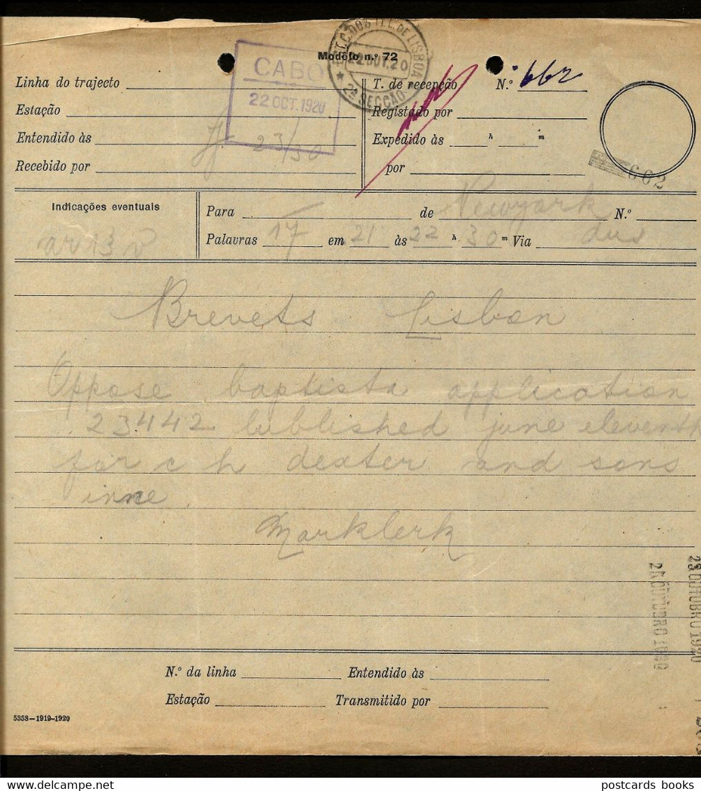 1920 Telegrama / Telegraphe / Telegramme . Carimbo "CABO". "CABLE" Cancel PORTUGAL - Briefe U. Dokumente