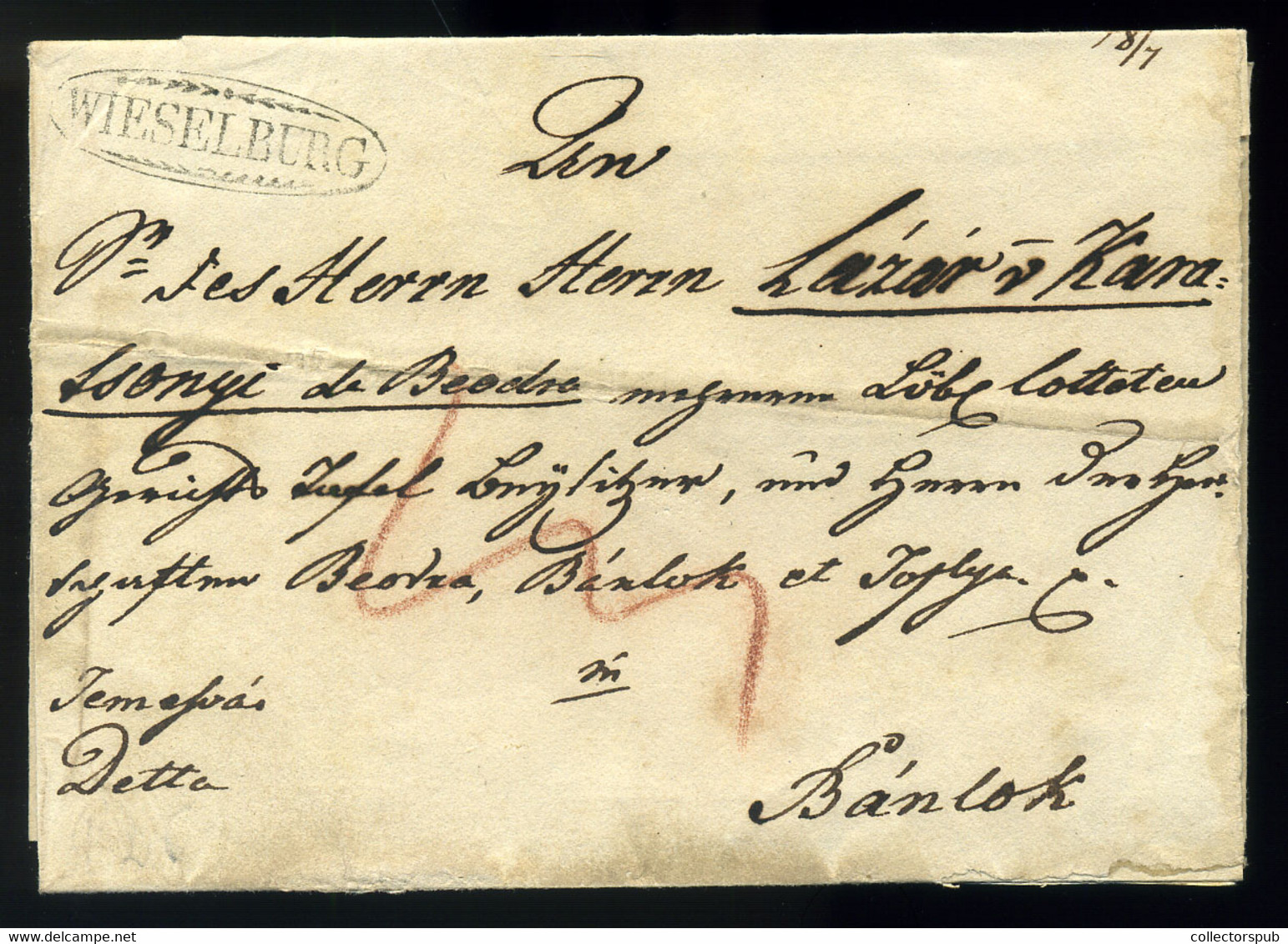 WIESELBURG 1826.  Szép Portós Levél,  Bánlokra Küldve  /  Nice Unpaid Letter To Bánlok - ...-1867 Prephilately