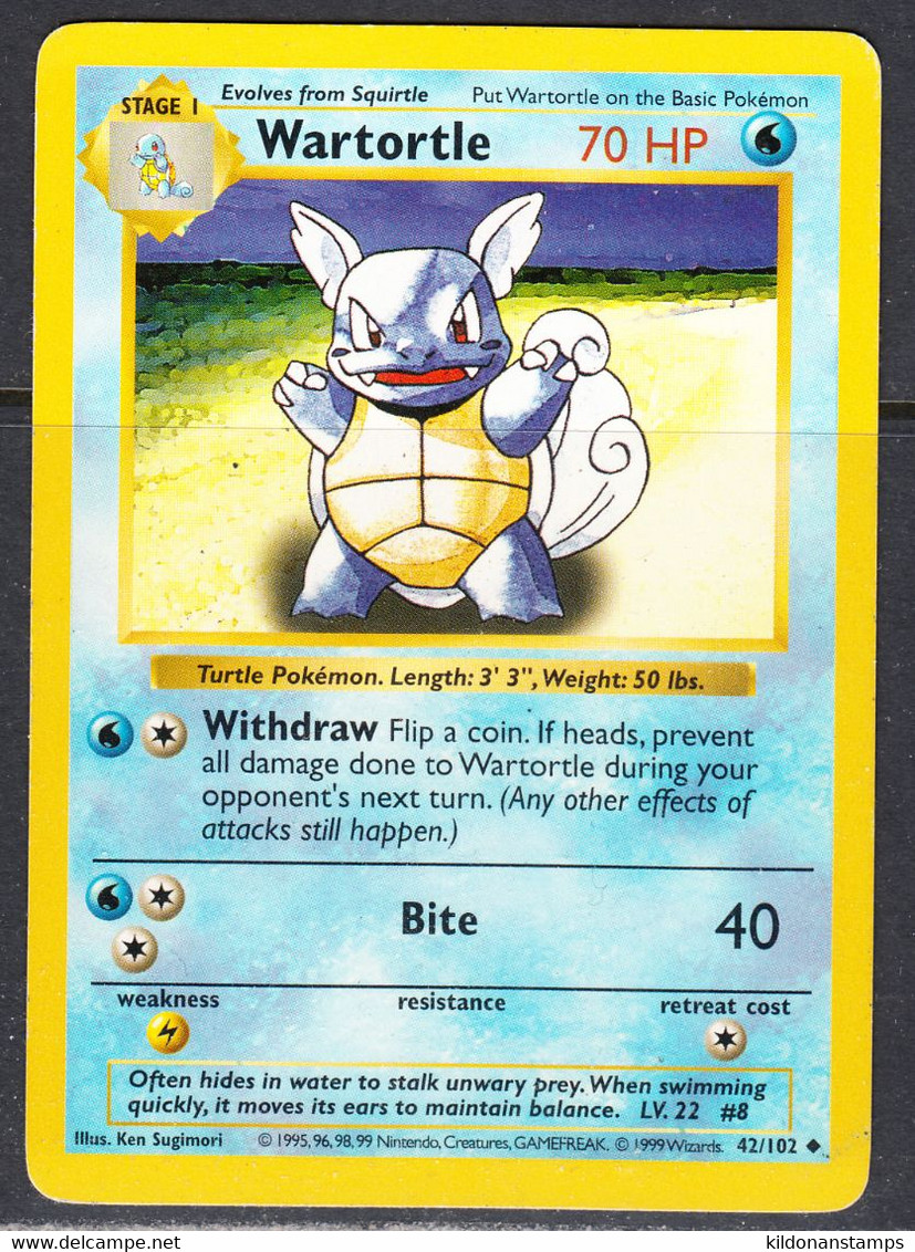 Wartortle 1995 Base Set, Shadowless, Lightly Played, 42/102 - Andere & Zonder Classificatie