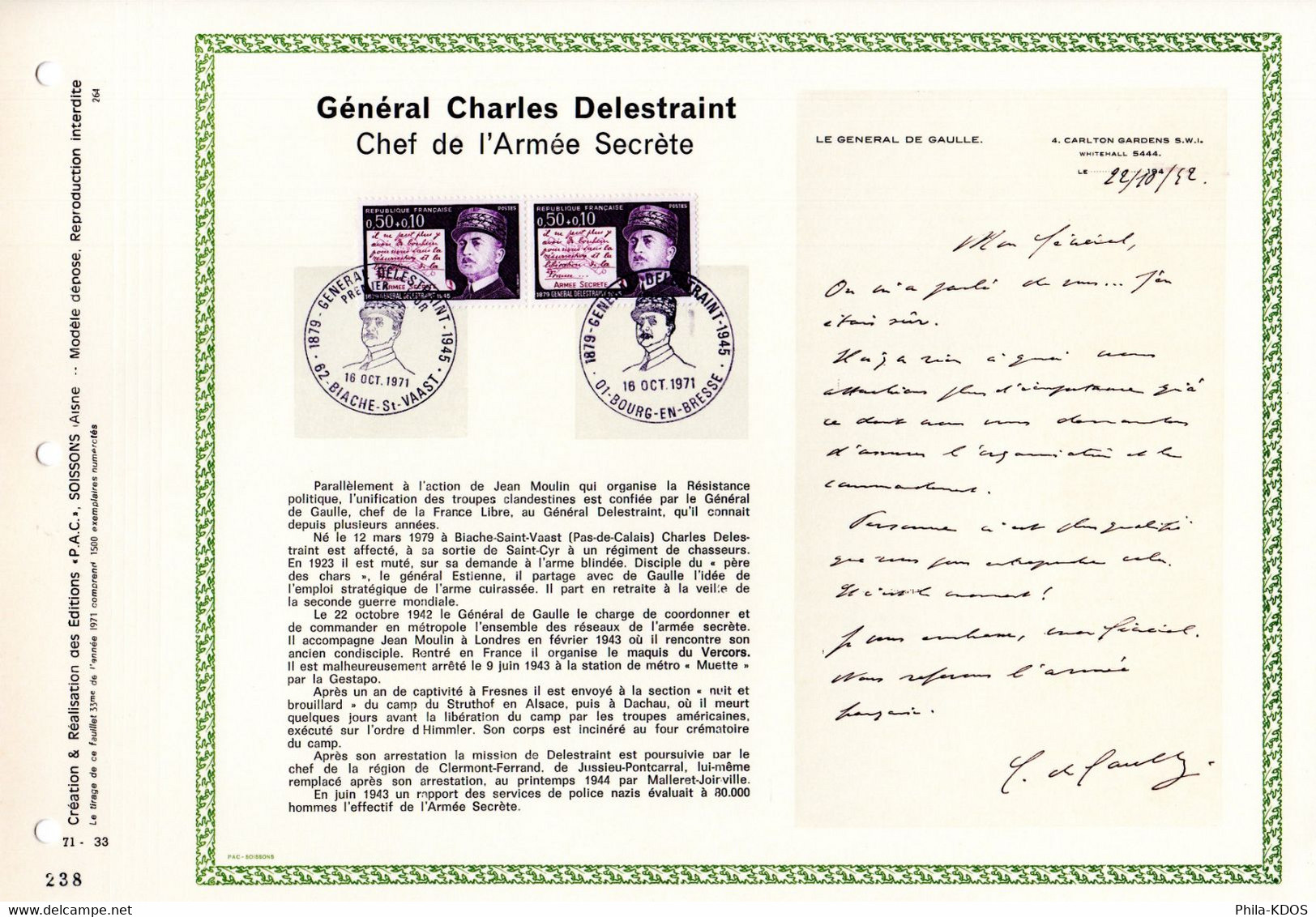 RRR " GENERAL CHARLES DELESTRAINT " Sur Feuillet PAC N°té RARE (1500 Ex.) De 1971 N°YT 1689. Parf état. RRR - Militares