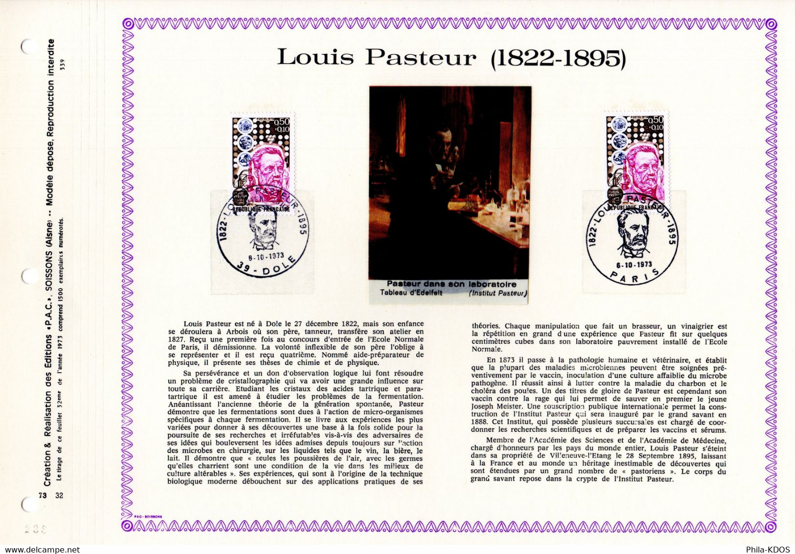 RRR 1500 Ex. " LOUIS PASTEUR " Sur Feuillet PAC N°té RARE De 1973 N°YT 1768. Parfait état. RRR - Louis Pasteur