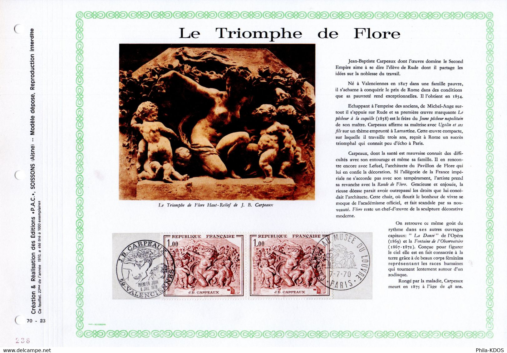 RRR " LE TRIOMPHE DE FLORE De CARPEAUX " Sur Feuillet PAC N°té RARE 000 Ex De 1970 N°YT 1641. Parf état. RRR - Desnudos