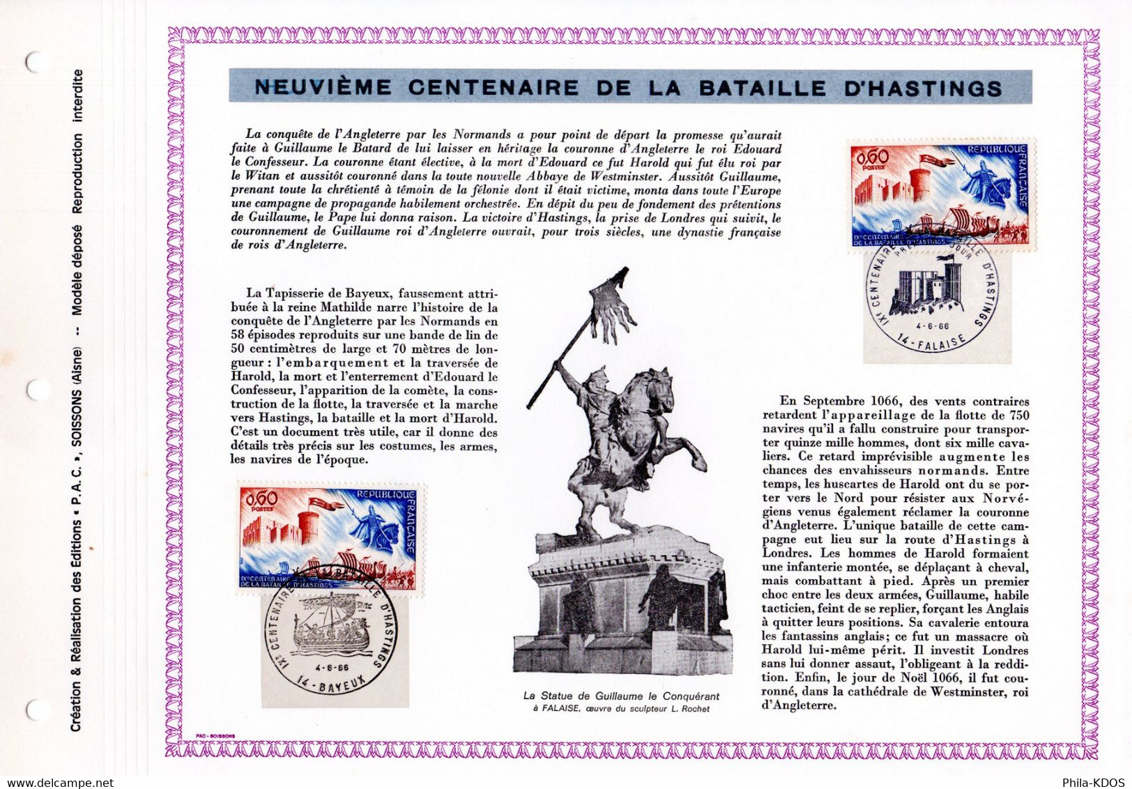 RRR " 900 ANS DE LA BATAILLE D'HASTINGS " Sur Feuillet PAC N°té RARE De 1966 N°YT 1486. Parf état. RRR - Militaria