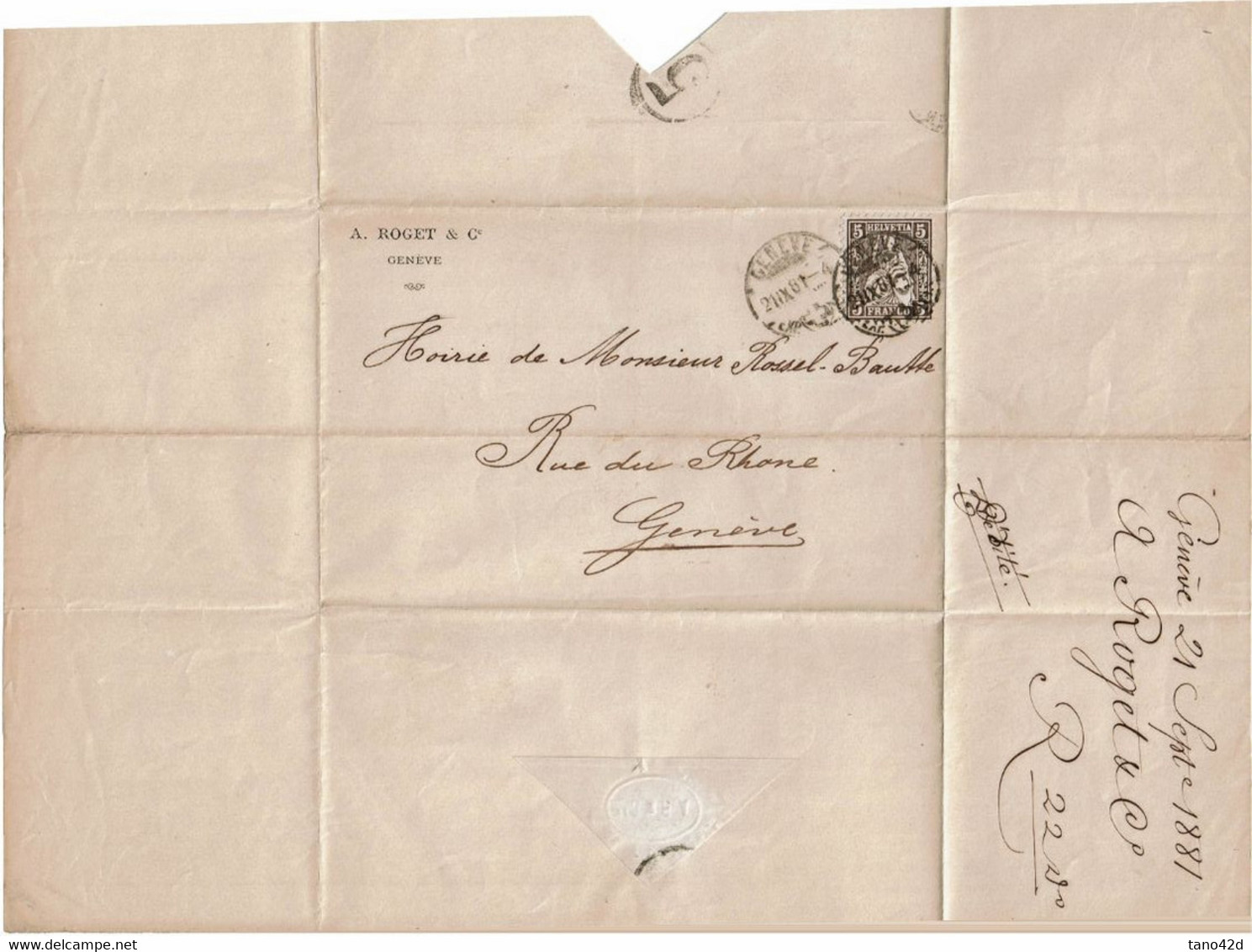 CTN64 - SUISSE HELVETIA ASSISE 5c LSC GENEVE POUR VILLE 21/9/1881 - Other & Unclassified