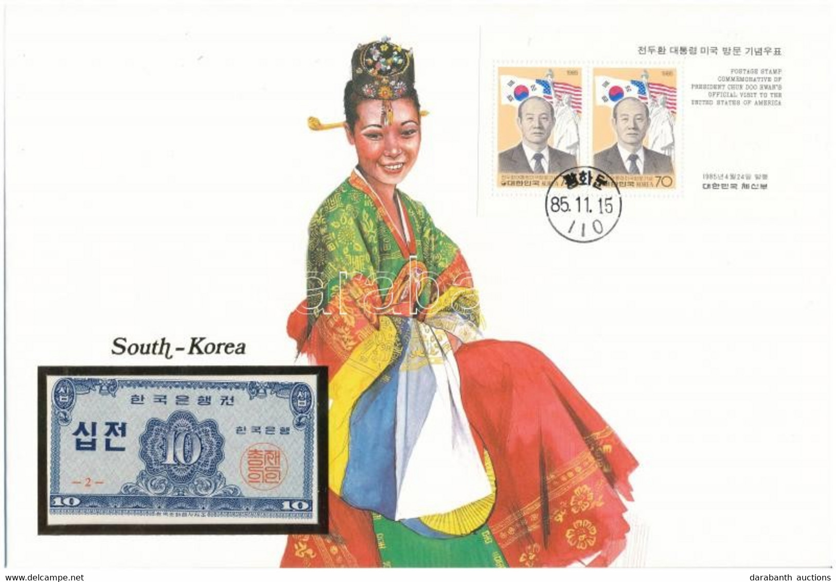 Dél-Korea 1962. 10J Felbélyegzett Borítékban, Bélyegzéssel T:I  South Korea 1962. 10 Jeon In Envelope With Stamp And Can - Non Classés