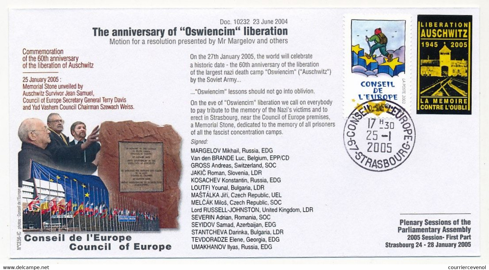 Env Affr Conseil Europe + Vignette Libération Auschwitz - Conseil Europe Strasbourg 25/1/2005 - Mémorial - Cartas & Documentos