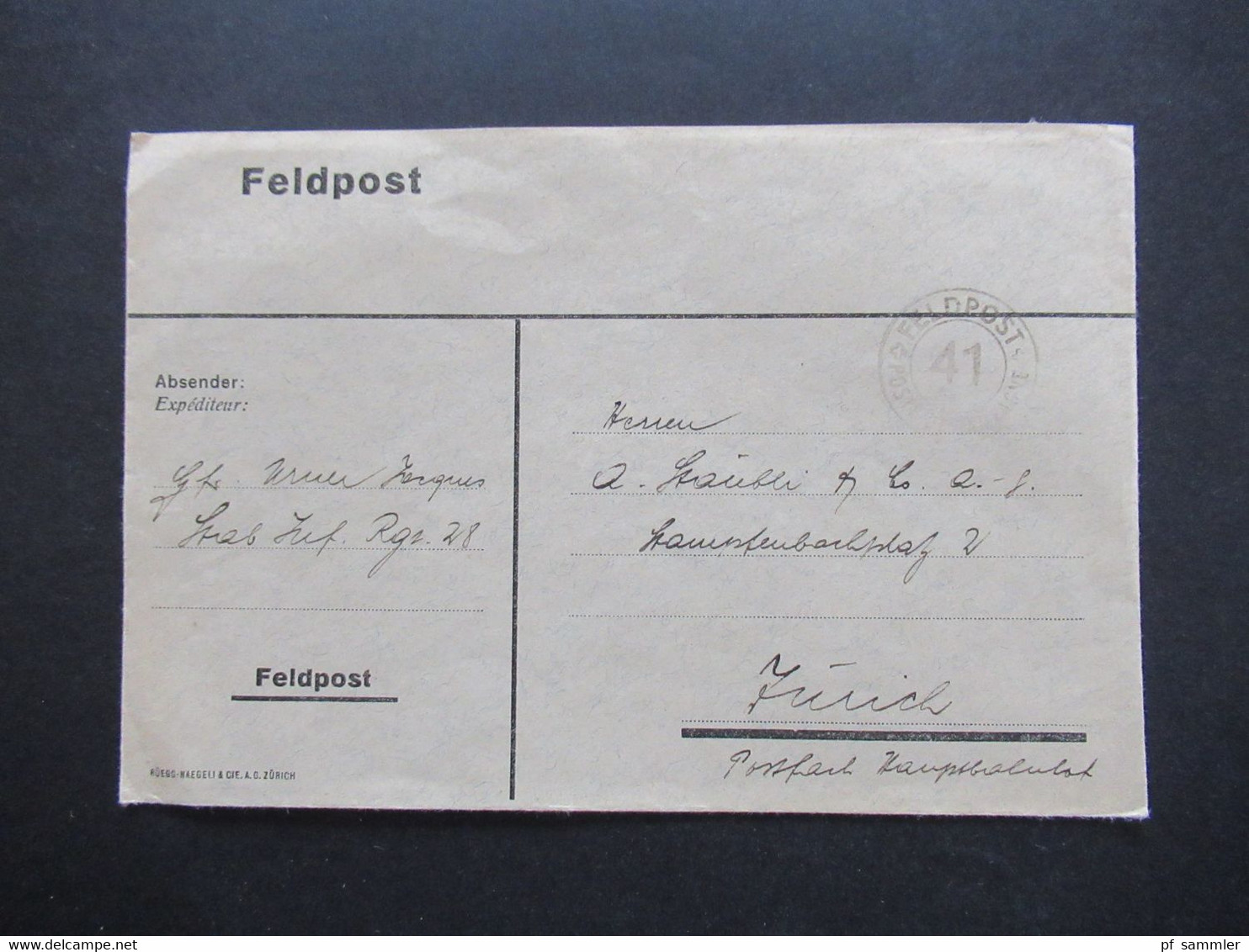 Schweiz Feldpost 2.WK Stempel Feldpost 41 Nach Zürich Postfach Hauptbahnhof - Lettres & Documents