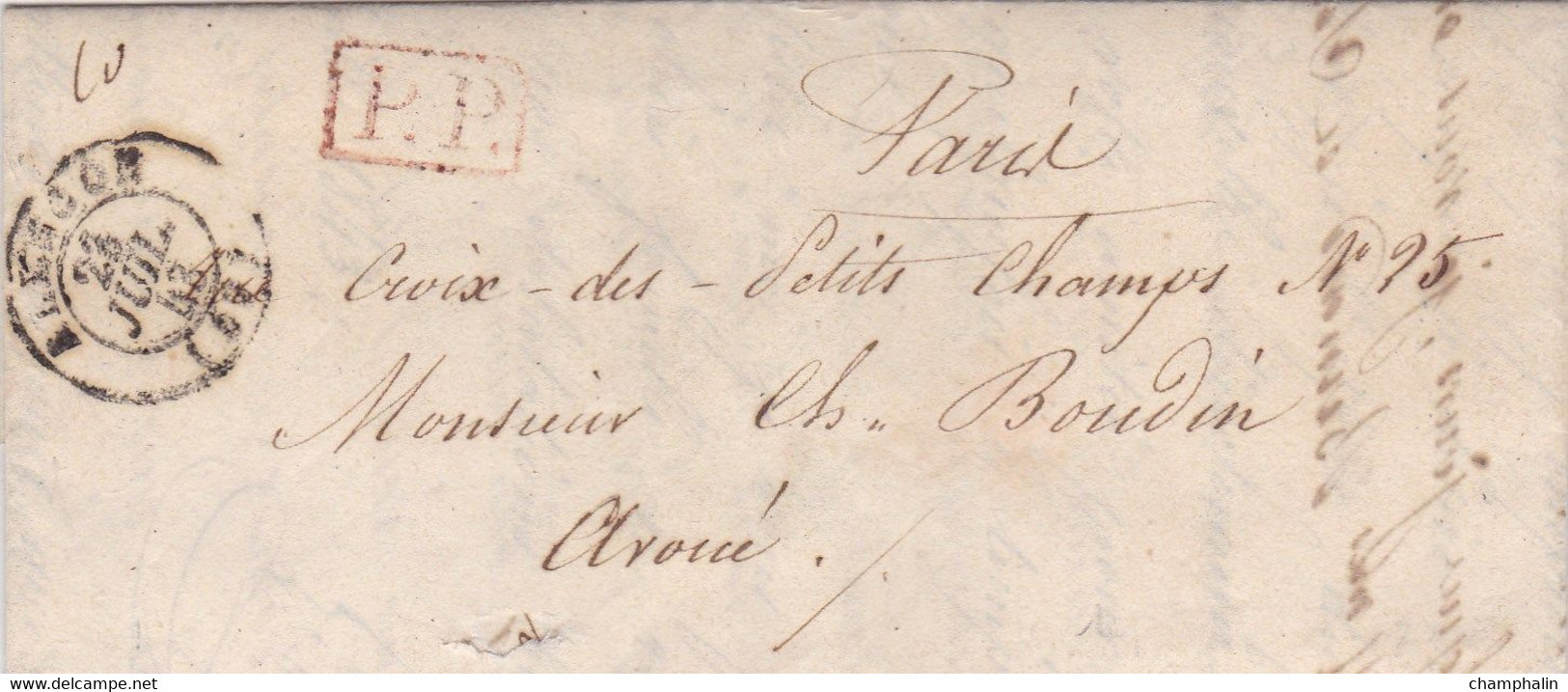 LAC De Alençon (61) Pour Paris (75) - 23 Juillet 1843 - CAD Rond Type 15 - Cachet P.P. Rouge Port Payé - 1801-1848: Precursors XIX