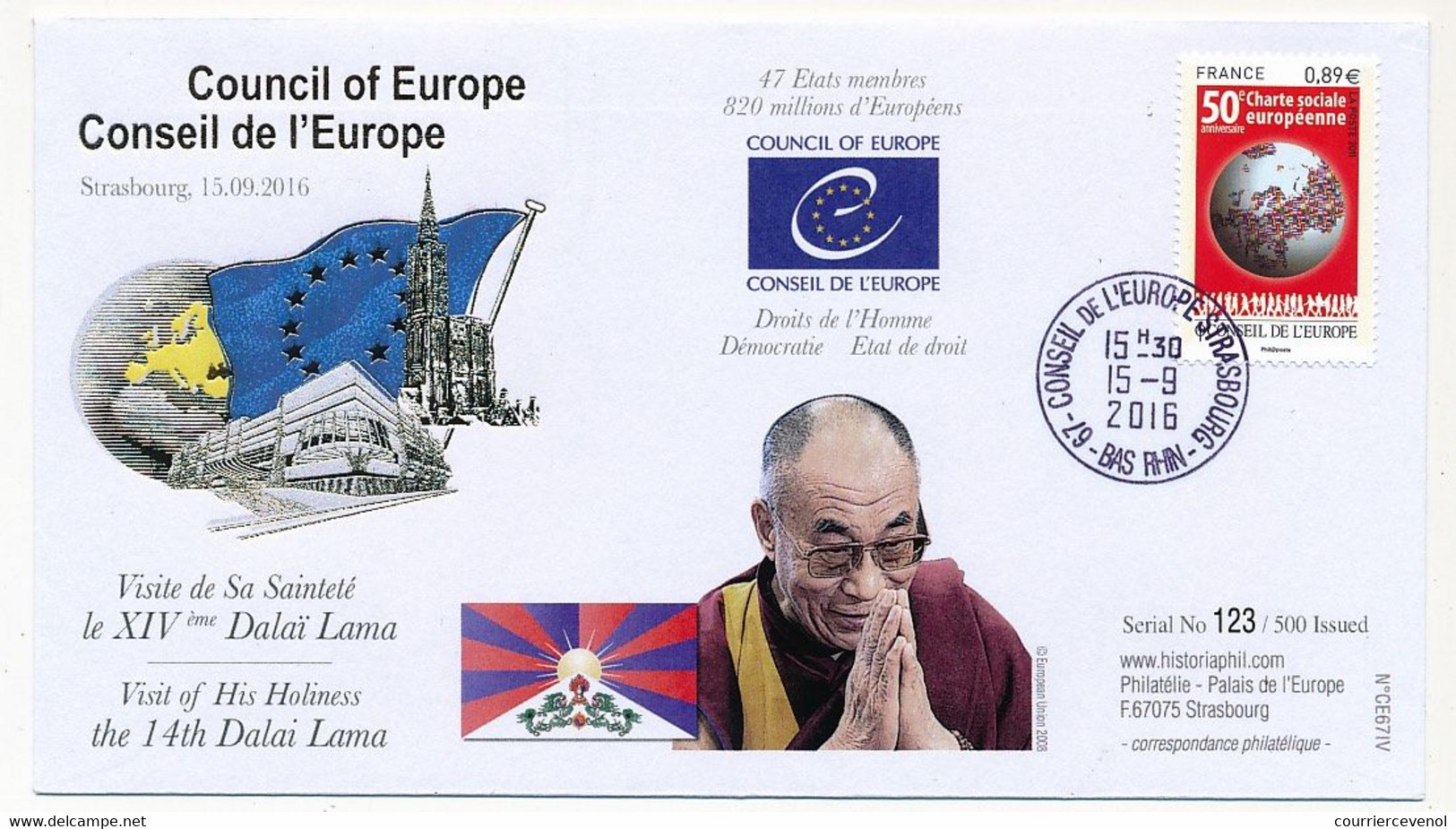 Env Affr 0,89E Charte Sociale - Conseil Europe Strasbourg 15/9/2016 - Visite XIVeme DalaÏ Lama - Storia Postale