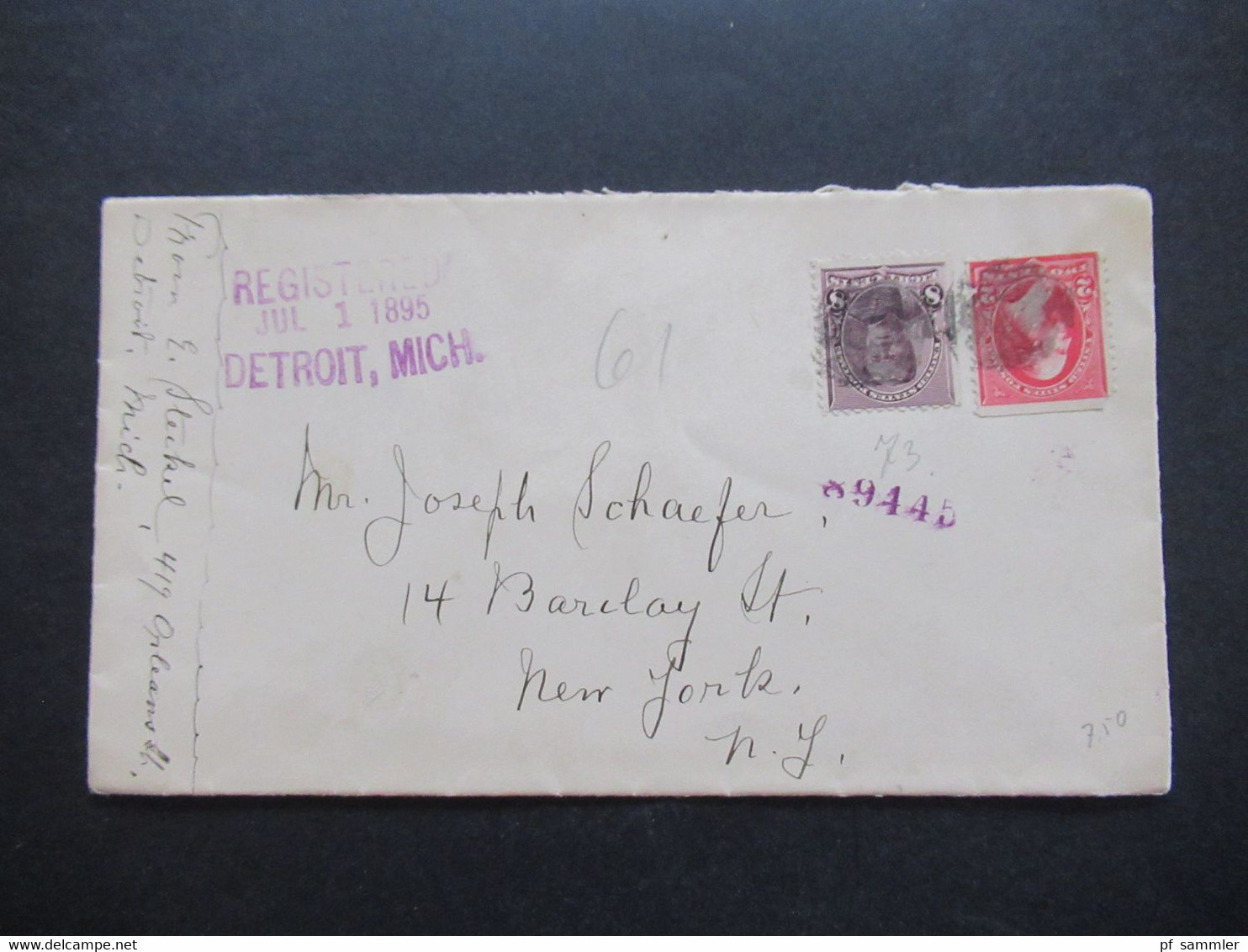 USA 1895 Michel Nr. 62 Und 67 MiF Einschreiben Registered Jul 1 1895 Detroit Mich. Violetter Nummernstempel - Briefe U. Dokumente
