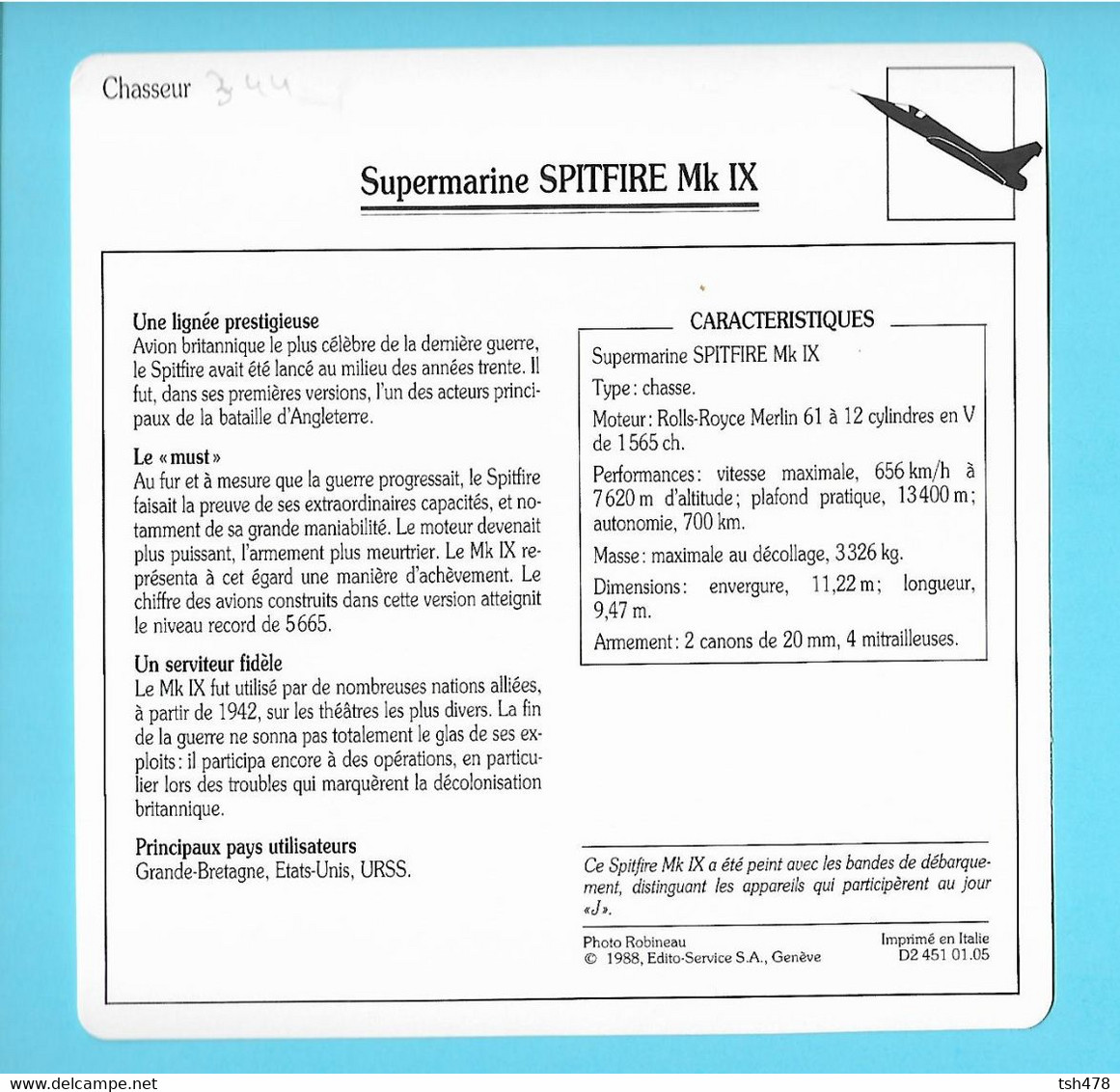 FICHE AVION----chasseur----GRANDE BRETAGNE---SUPERMARINE SPITFIRE MK IX--voir 2 Scans - Vliegtuigen