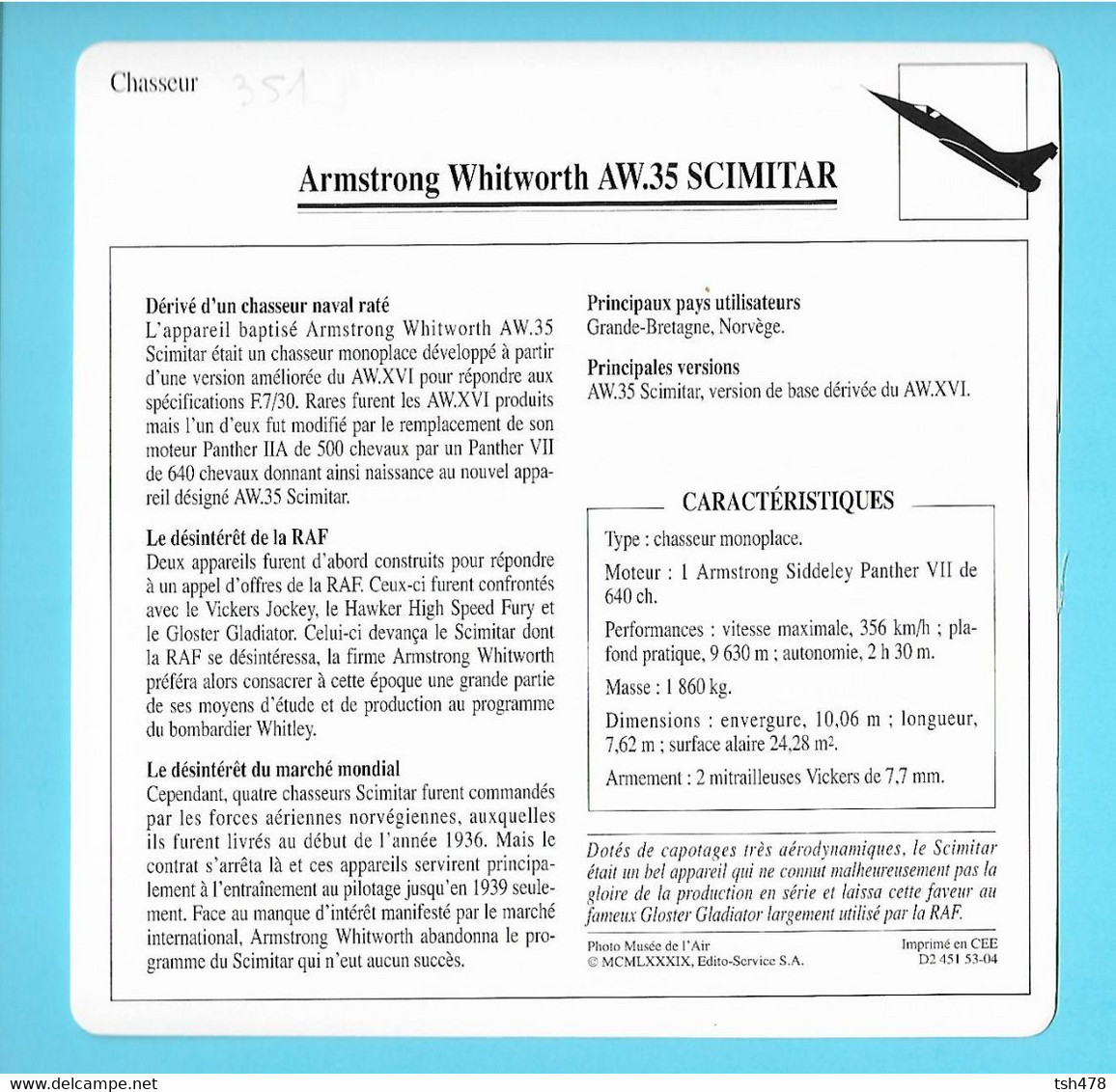 FICHE AVION----chasseur----GRANDE BRETAGNE---ARMSTRONG WHITWORTH AW.35 SCIMITARI--voir 2 Scans - Vliegtuigen