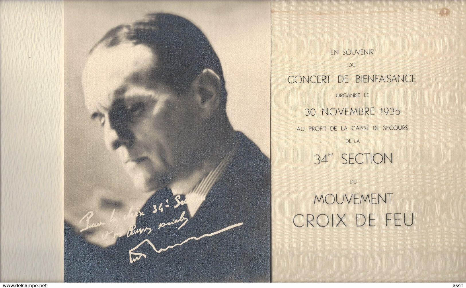 Croix De Feu  Concert De Bienfaisance 34 è Section 30 Novembre 1935  Portrait De La Rocque ( Studio Lara ) - Documents Historiques