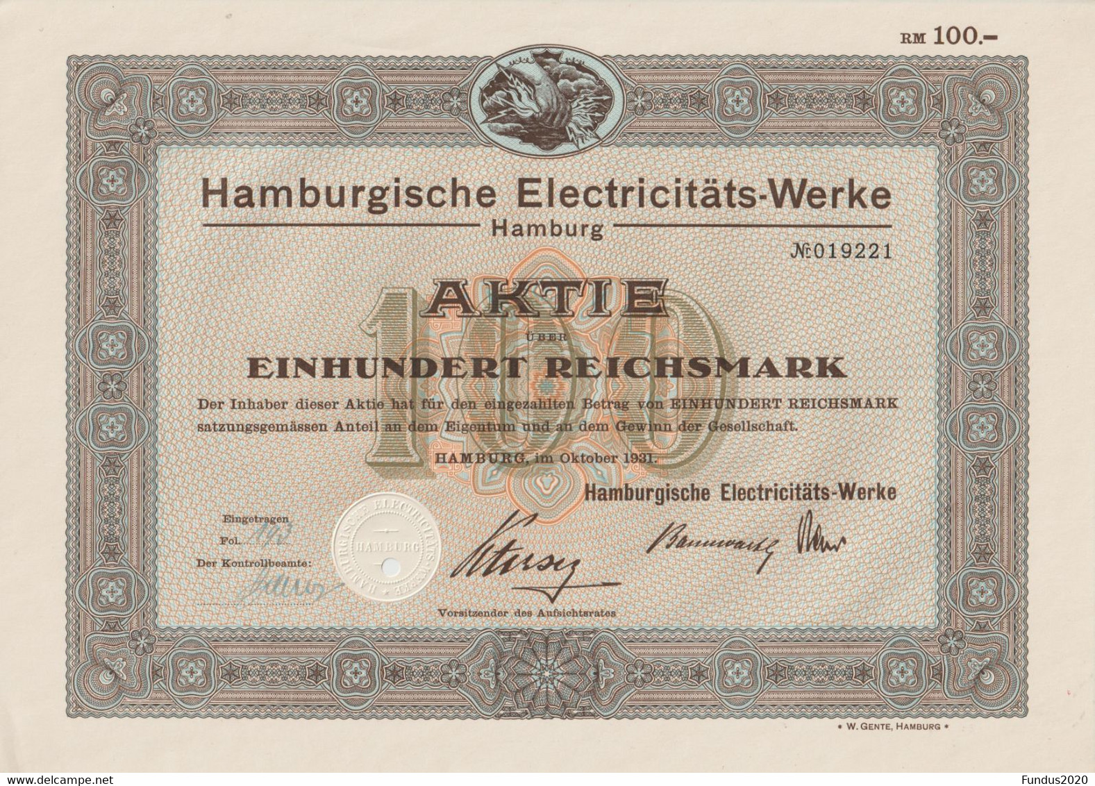 AKTIE Nr.019221 Hamburgische Electricitäts-Werke Hamburg über 100 RM Hamburg, Im Oktober 1931 - G - I