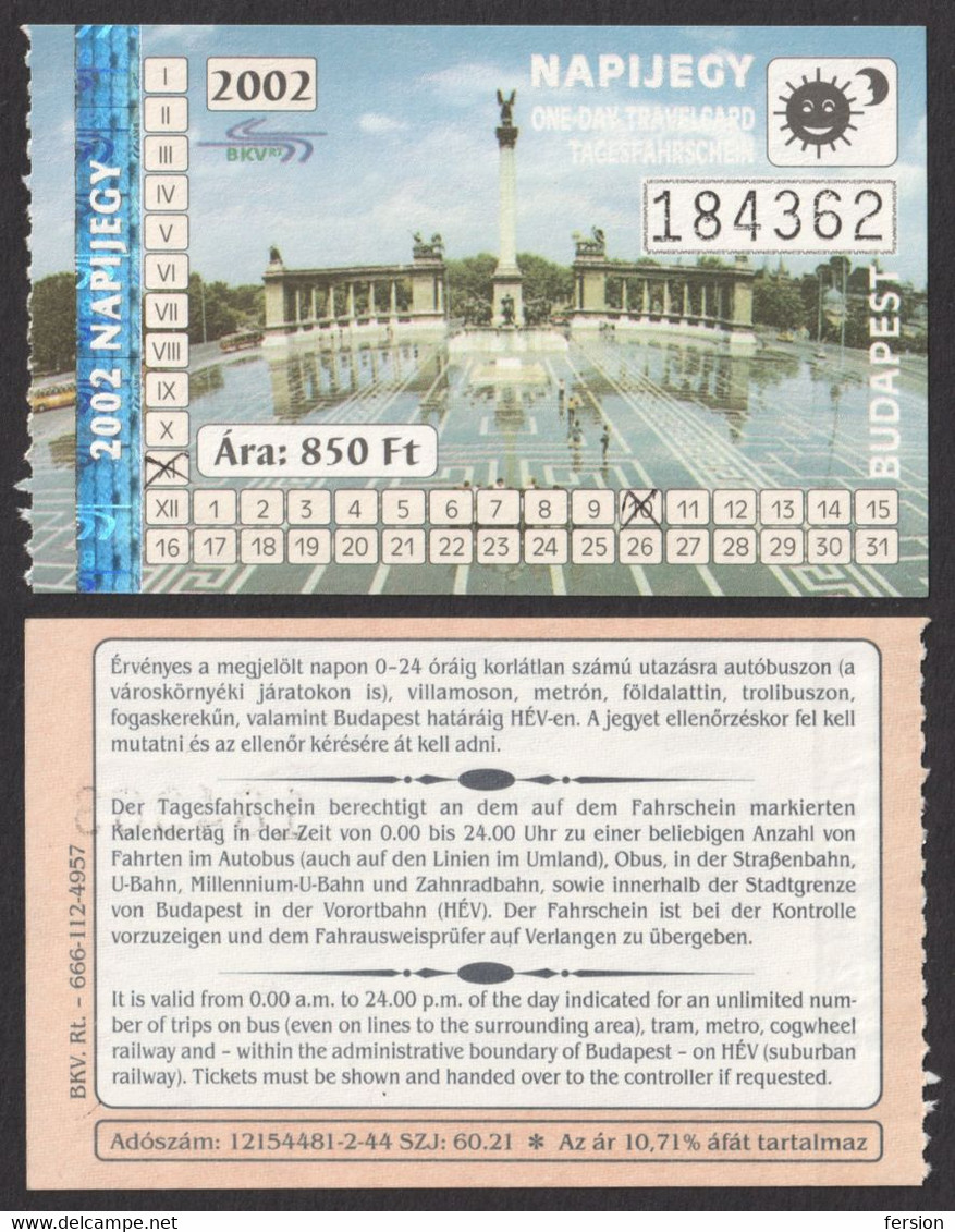 Combined Metro Tramway Bus Train BUDAPEST HUNGARY Ticket Transport / TOURIST - DAY Ticket 2002 Hologram Holography - Europe