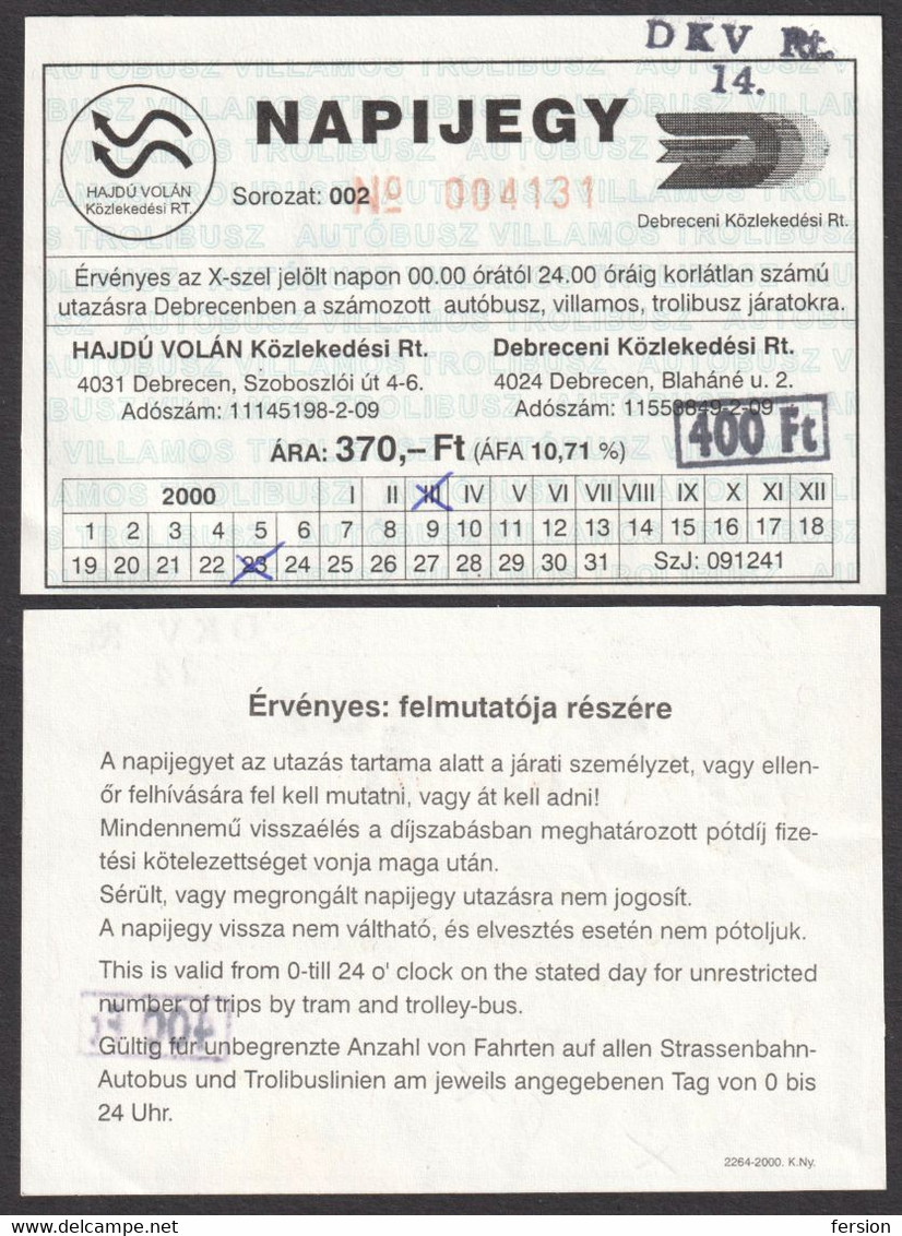 Combined Tramway Bus Train Trolley DEBRECEN HUNGARY Ticket Transport / HAJDÚ VOLÁN - DAY Ticket 2000 - Europa