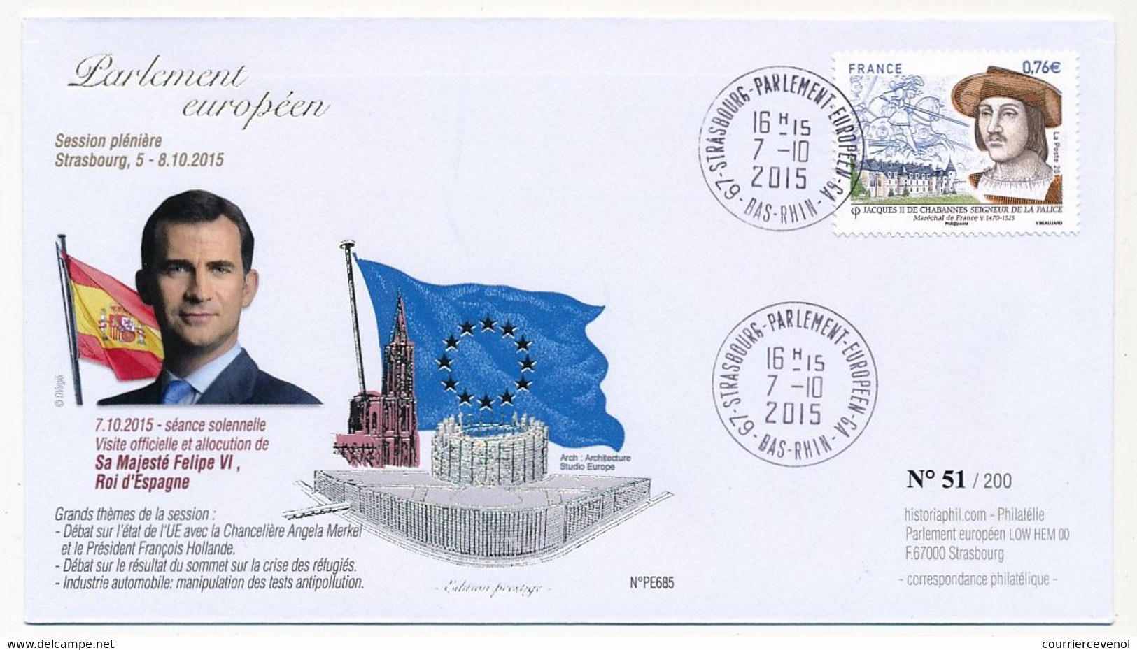Env Affr 0,76E M. De La Palice - Cad Strasbourg Parlement Européen GA - 7/10/2015 - Felipe VI, Roi D'Espagne - Brieven En Documenten