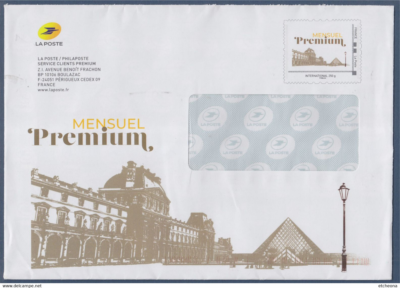 Nouvelle Enveloppe Entier International 250g Mensuel Premium Cadre Phil@poste Avec Le Louvre Et La Pyramide - Prêts-à-poster: Other (1995-...)