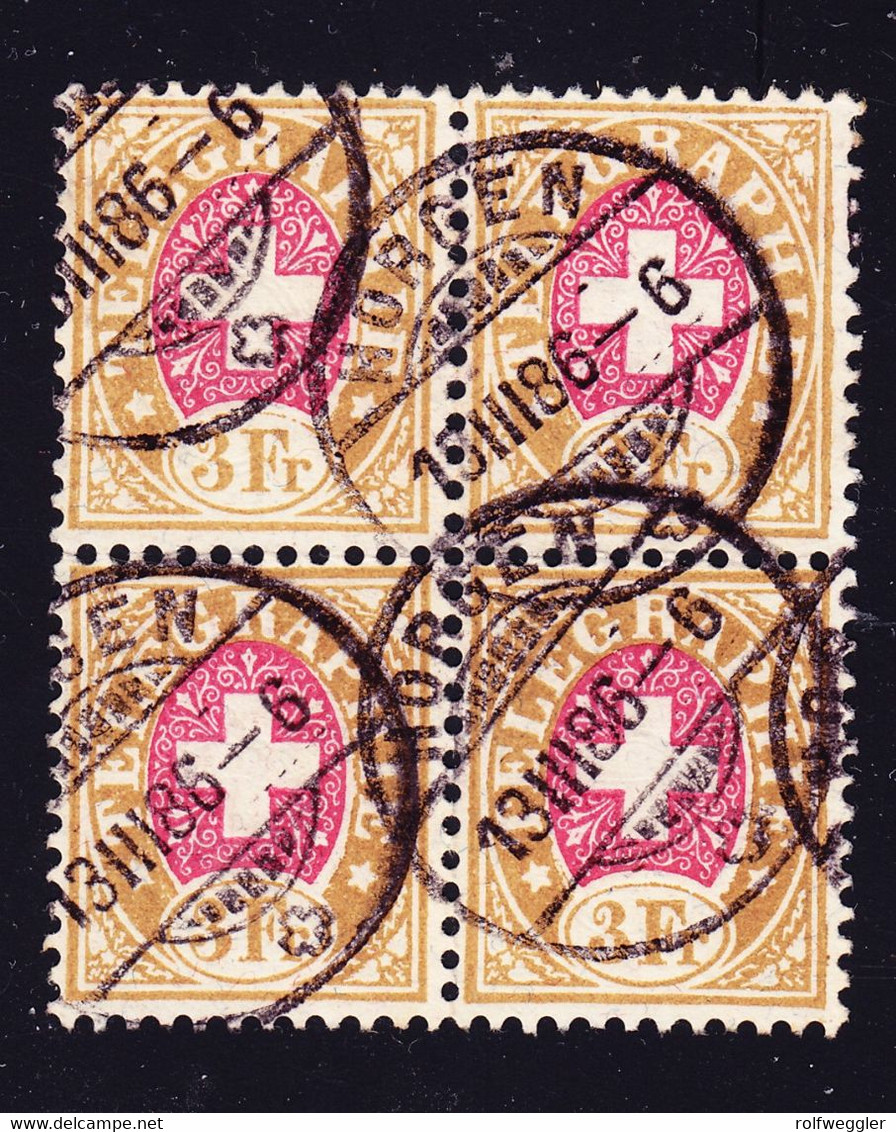 1881 3 Fr Faserpapier Gestempelter 4er Block, Horgen - Télégraphe