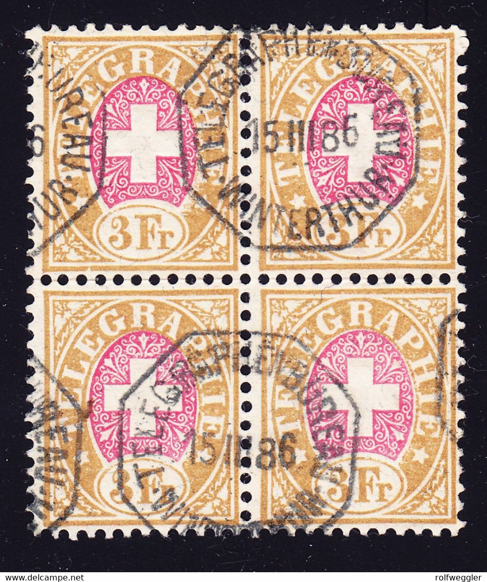 1886 3 Fr Faserpapier Gestempelter 4er Block, Telegraphen Bureau Winterthur. - Télégraphe