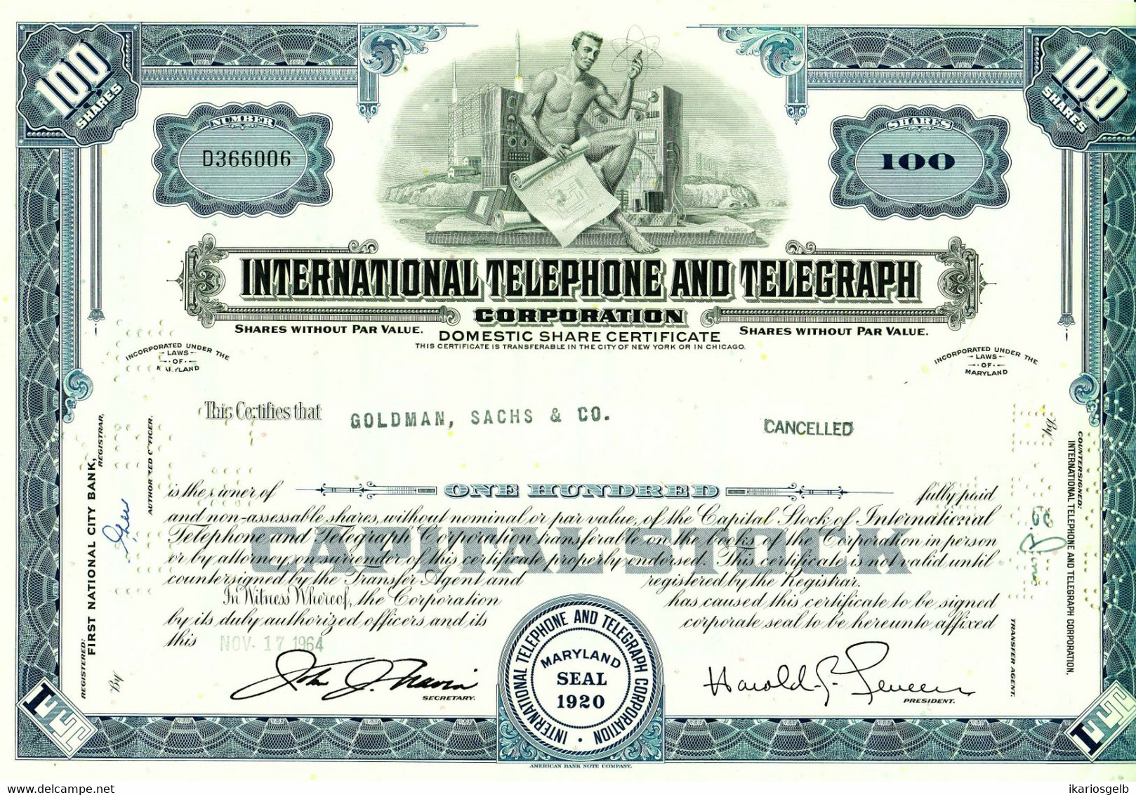 USA Aktie 1964 Telefon Telegraph " 100 $ International Telephone And Telegraph Maryland " Share Action Partager - Electricidad & Gas