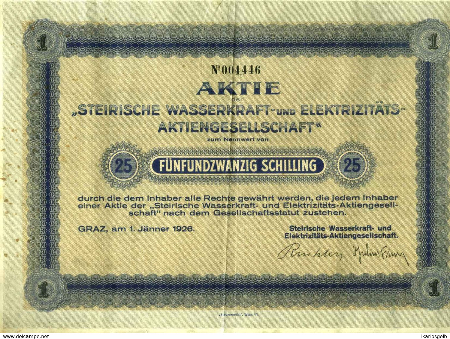 Österreich Steiermark Aktie 1926 " Steirische Wasserkraft- Und Elektrizitäts AG Graz " Share Action Partager - Elektriciteit En Gas