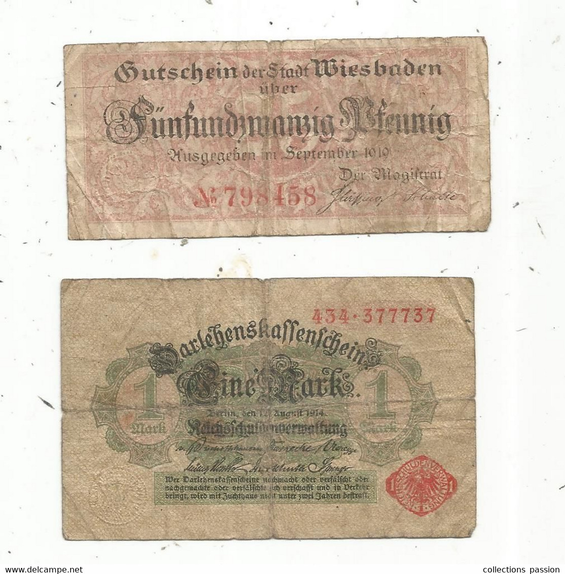 Billet , Allemagne ,1914 (1 Mark) , 1919 ( 25 Pfennig/Wiesbaden) ,LOT DE 2 BILLETS ,  2 Scans - Sonstige & Ohne Zuordnung