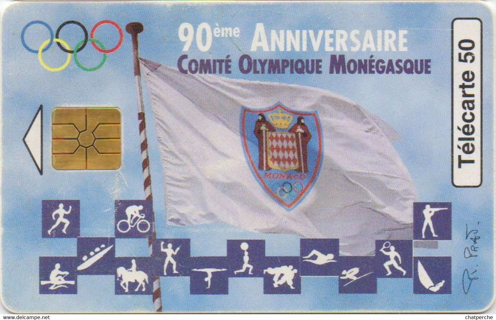 TÉLÉCARTE PHONECARD MONACO 90 EME ANNIVERSAIRE COMITÉ OLYMPIQUE  50 UNITÉS  UTILISÉE - Mónaco