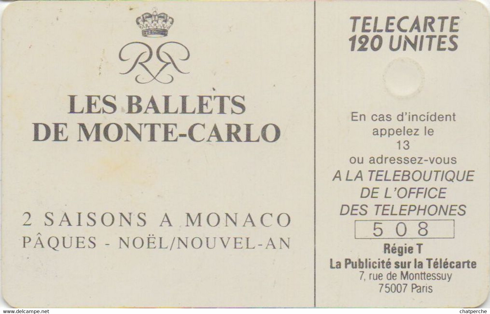 TÉLÉCARTE PHONECARD MONACO LES BALLETS DE MONACO 120 UNITÉS  UTILISÉE DANSE - Monace
