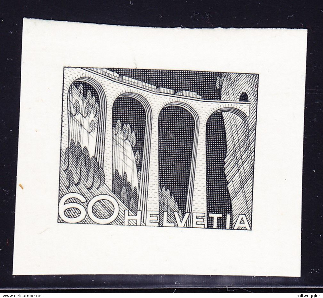 1949 Bahn-Viadukt 60 Rp. Probedruck Einzel Abzug In Schwarz/weiss Auf Kartonpapier. K. Bickel Archiv - Autres & Non Classés