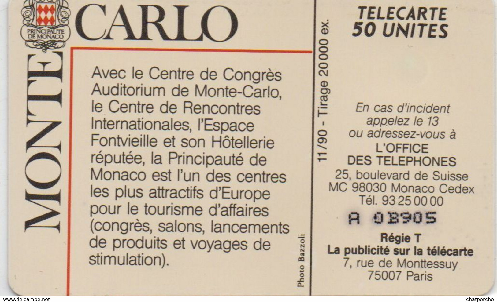 TÉLÉCARTE PHONECARD MONACO CENTRE DES CONGRES 50 UNITÉS  UTILISÉE - Monace