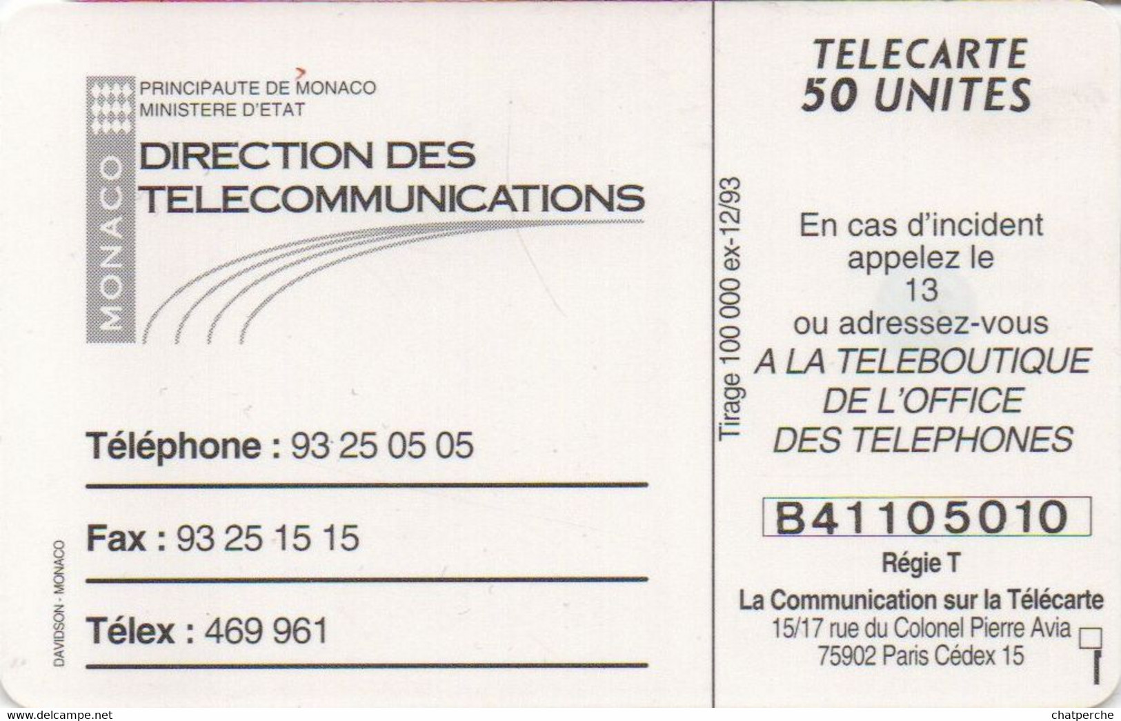 TÉLÉCARTE PHONECARD MONACO DIRECTION DES TELECOMMUNICATIONS 50 UNITÉS  UTILISÉE - Monace