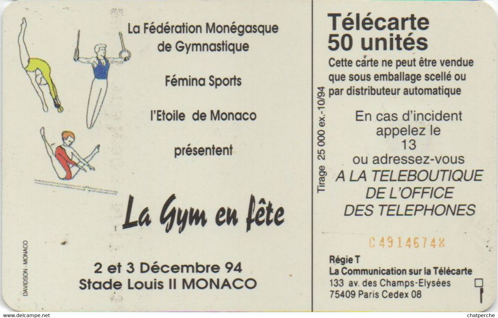 TÉLÉCARTE PHONECARD MONACO GALA INTERNATIONAL PRINCESSE GRACE GYMNASTIQUE 50 UNITÉS  UTILISÉE SPORT - Monace