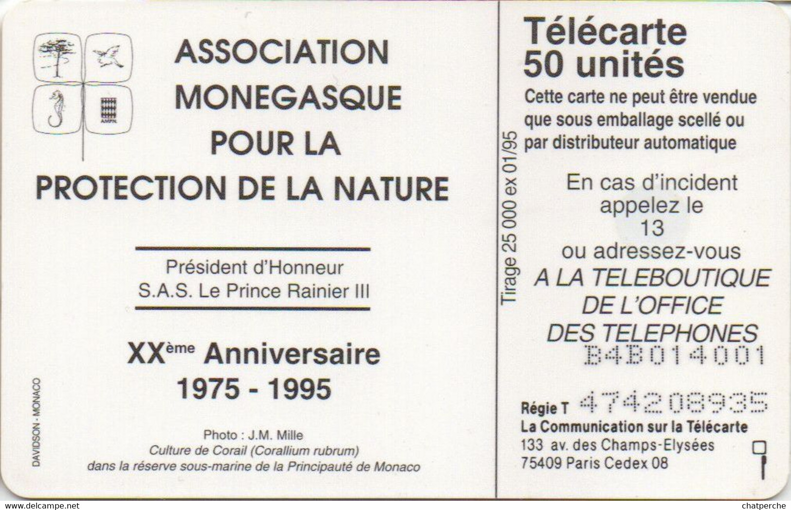 TÉLÉCARTE PHONECARD MONACO XX EME ANNIVERSAIRE ASSOCIATION PROTECTION NATURE 50 UNITÉS  UTILISÉE PLANCTON - Monaco