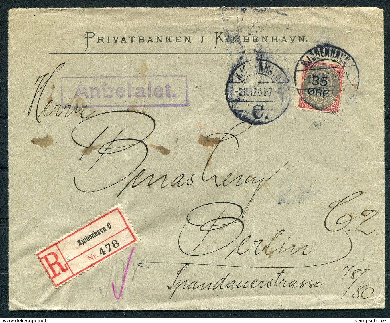 1912 Denmark 35/20 Ore Provisional Overprint Registered ANBEFALET Cover Privatbanken Copenhagen - Berlin Germany - Briefe U. Dokumente