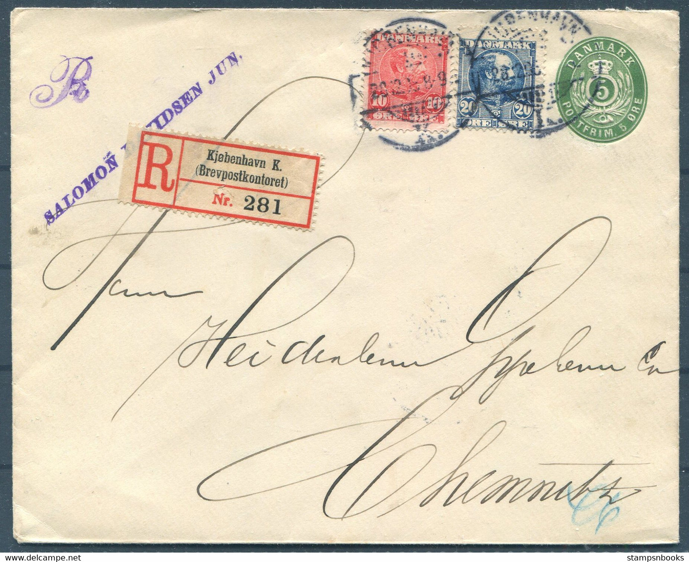 1905 Denmark Uprated (10ore + 20 Ore Christian IX) Stationery Cover Copenhagen Registered Brevpostkontoret - Germany - Storia Postale