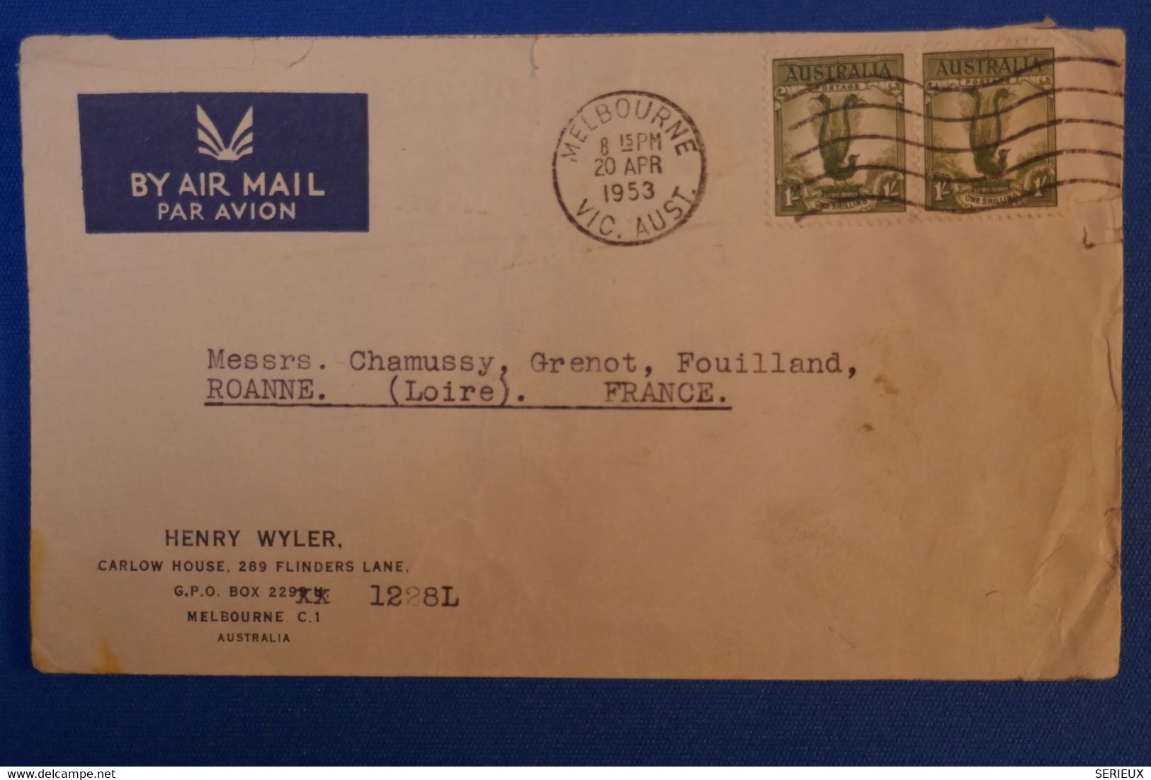 I 14 AUSTRALIA  BELLE LETTRE 1953  PAR AVION MELBOURNE  POUR ROANNE  FRANCE  + PAIRE DE T.P + AFFRANCHISSEMENT PLAISANT - Storia Postale