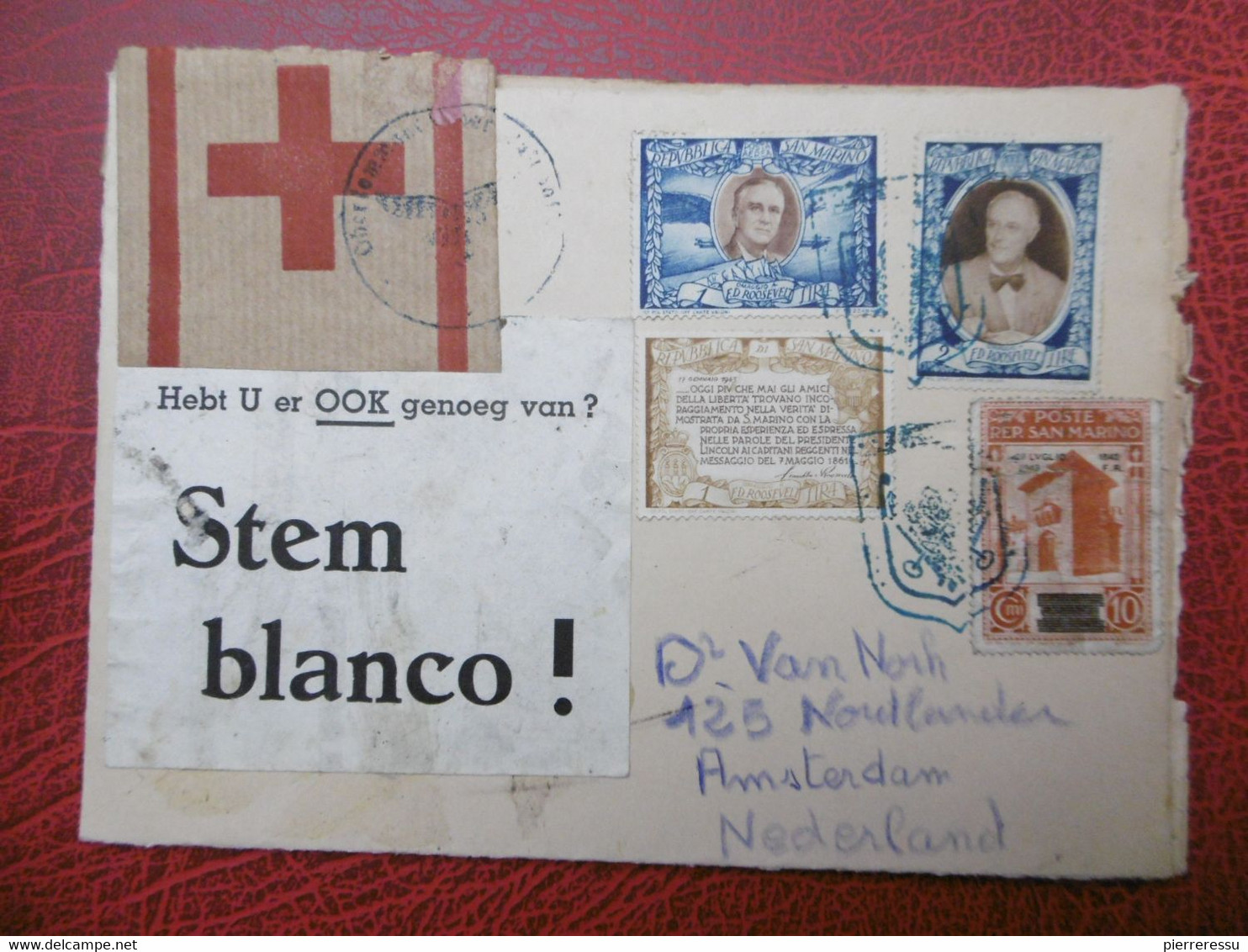 LETTRE TIMBRE SAN MARINO CROIX ROUGE STEM BLANCO CACHET ALLEMAND 1942 VIA AMSTERDAM HEBT U ER OOK GENOEG VAN ? - Other & Unclassified