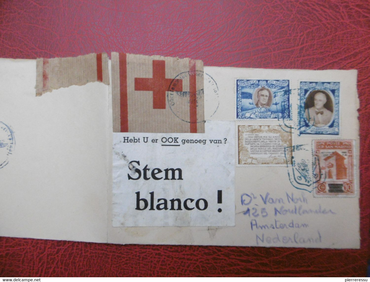 LETTRE TIMBRE SAN MARINO CROIX ROUGE STEM BLANCO CACHET ALLEMAND 1942 VIA AMSTERDAM HEBT U ER OOK GENOEG VAN ? - Other & Unclassified