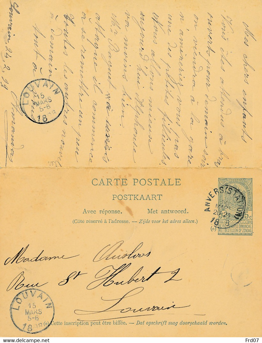 Briefkaart Met Antwoord Nr 24 - 5+5c - Anvers (station) 14 Mars 1898 Naar Leuven – Antwoord Louvain 15 Mars 1898 - Postkarten 1871-1909