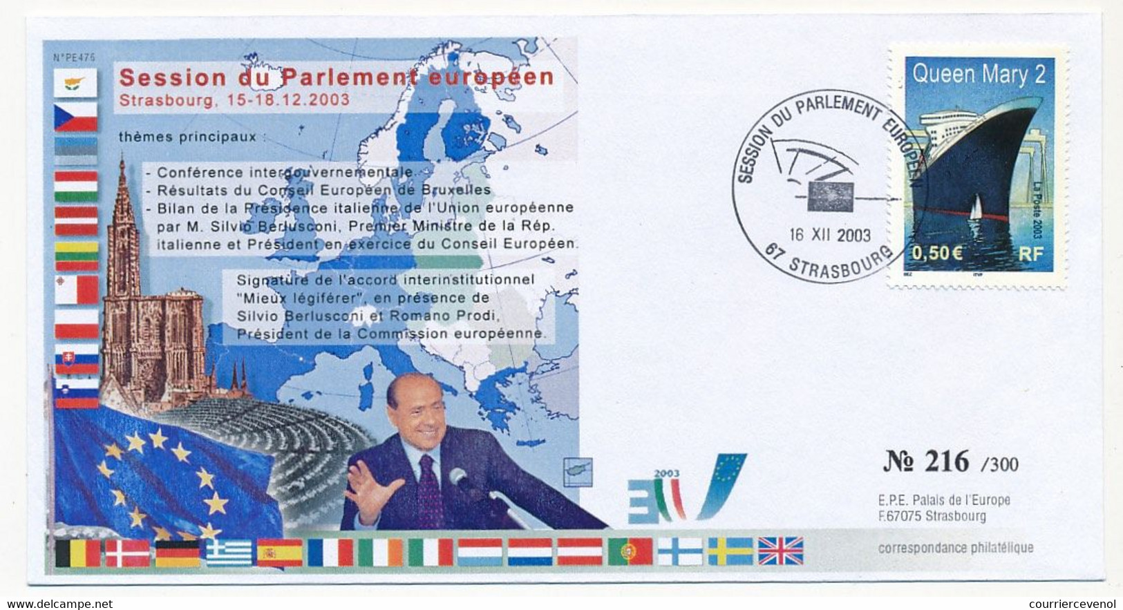Env Affr 0,50E Queen Mary 2 - Session Du Parlement Européen Strasbourg - 16/12/2003 - Session - Silvio Berlusconi - Lettres & Documents