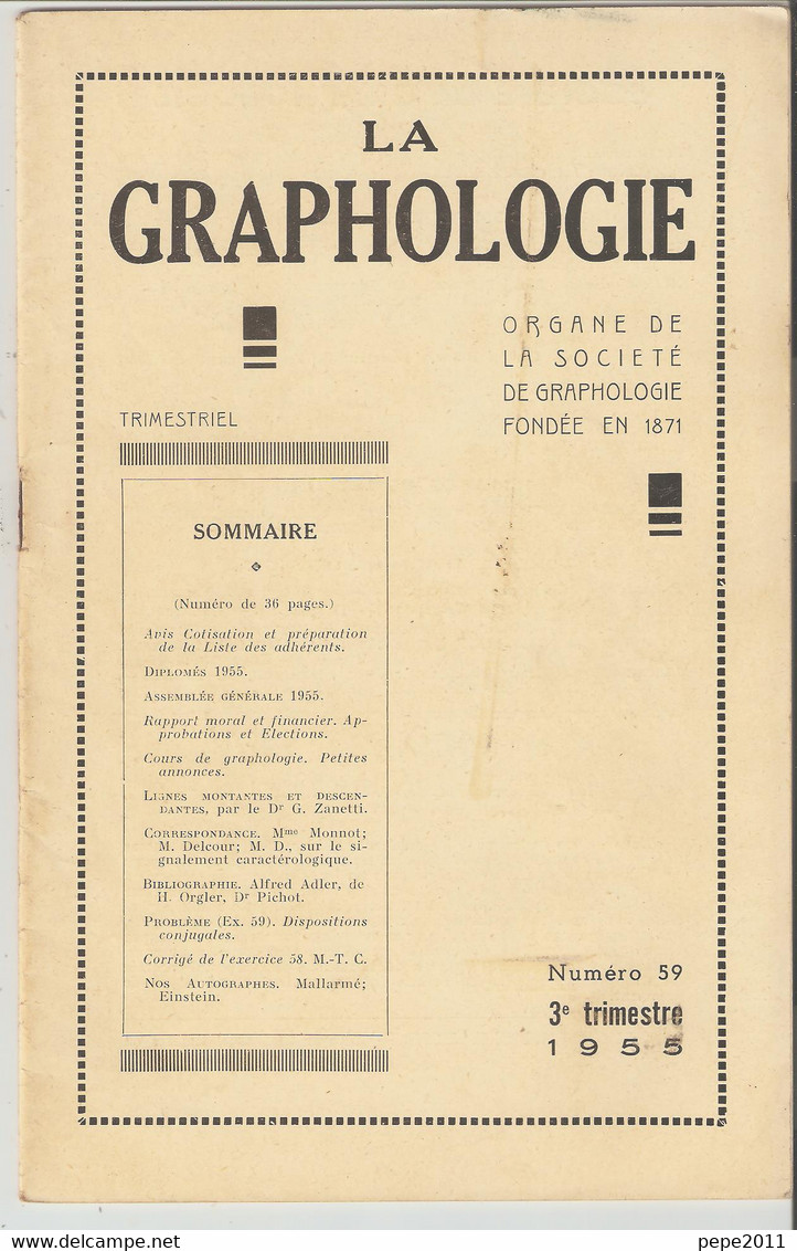 Revue LA GRAPHOLOGIE N° 59 - 3ème Trimestre 1955 - Wissenschaft