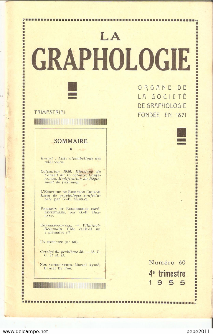 Revue LA GRAPHOLOGIE N° 60 - 4ème Trimestre 1955 - Wetenschap