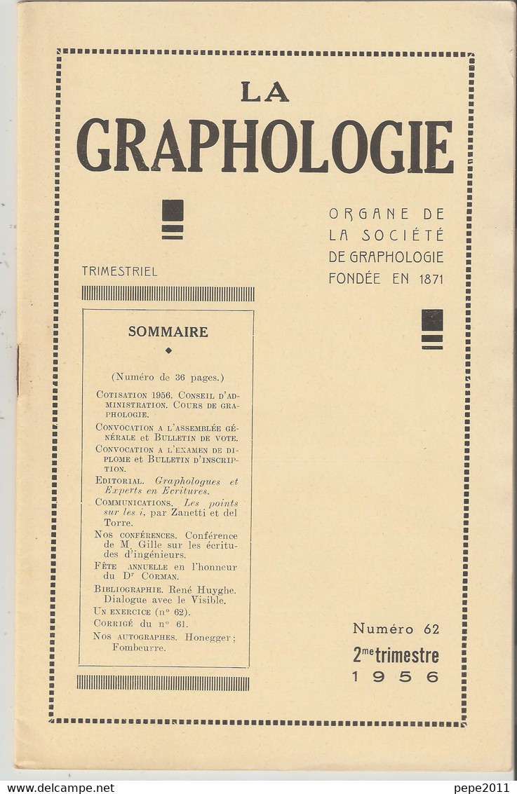 Revue LA GRAPHOLOGIE N° 62 - 2ème Trimestre 1956 - Scienze