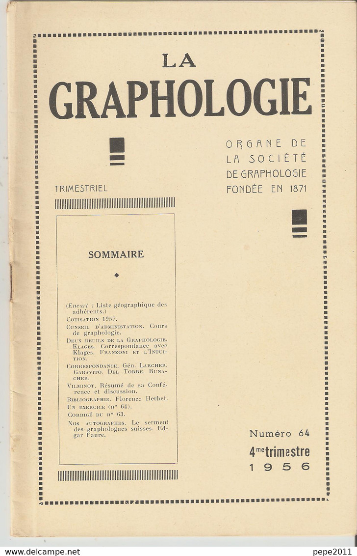 Revue LA GRAPHOLOGIE N° 64 - 4ème Trimestre 1956 - Wetenschap