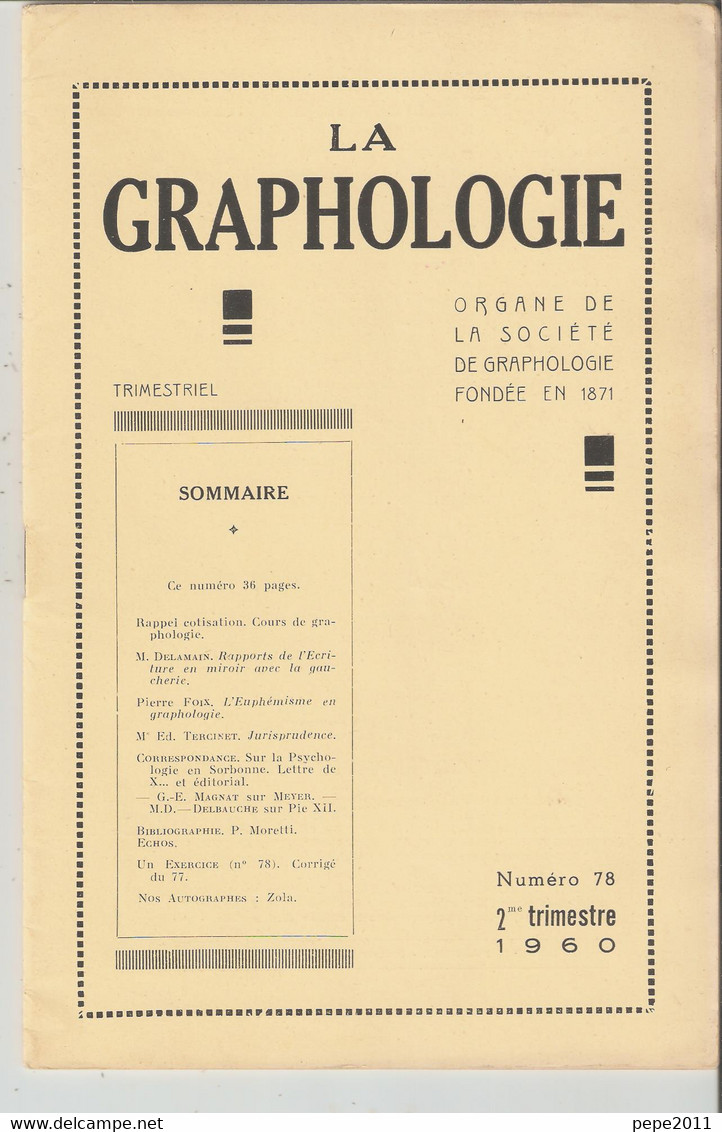 Revue LA GRAPHOLOGIE N° 78 - 2ème Trimestre 1960 - Science